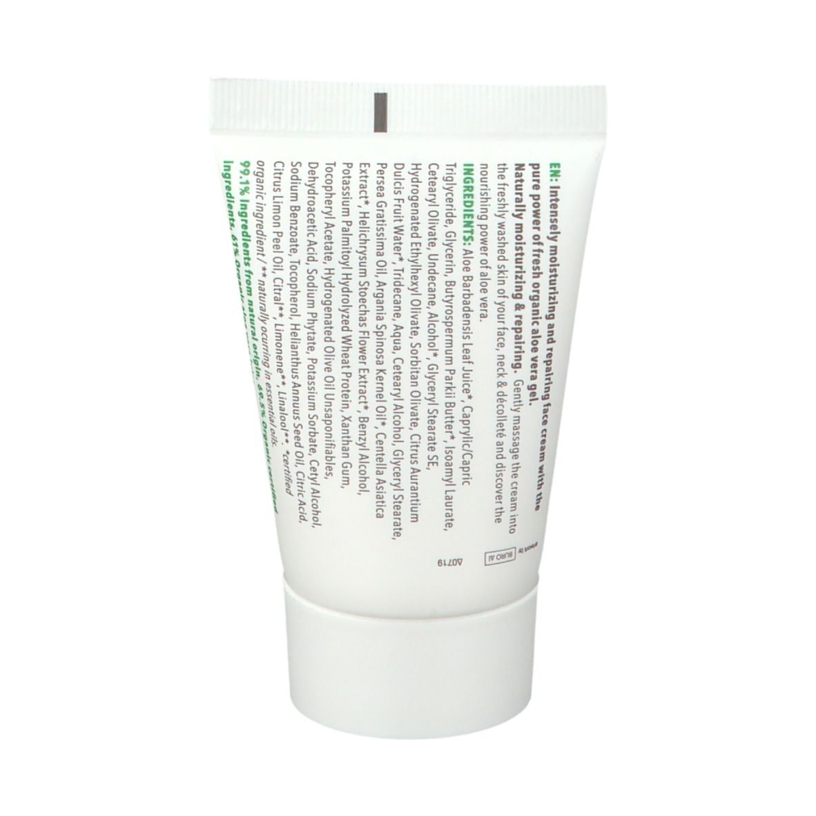 Dos du tube de crème avec ingrédients et informations. Contient 99,1% d'ingrédients d'origine naturelle.