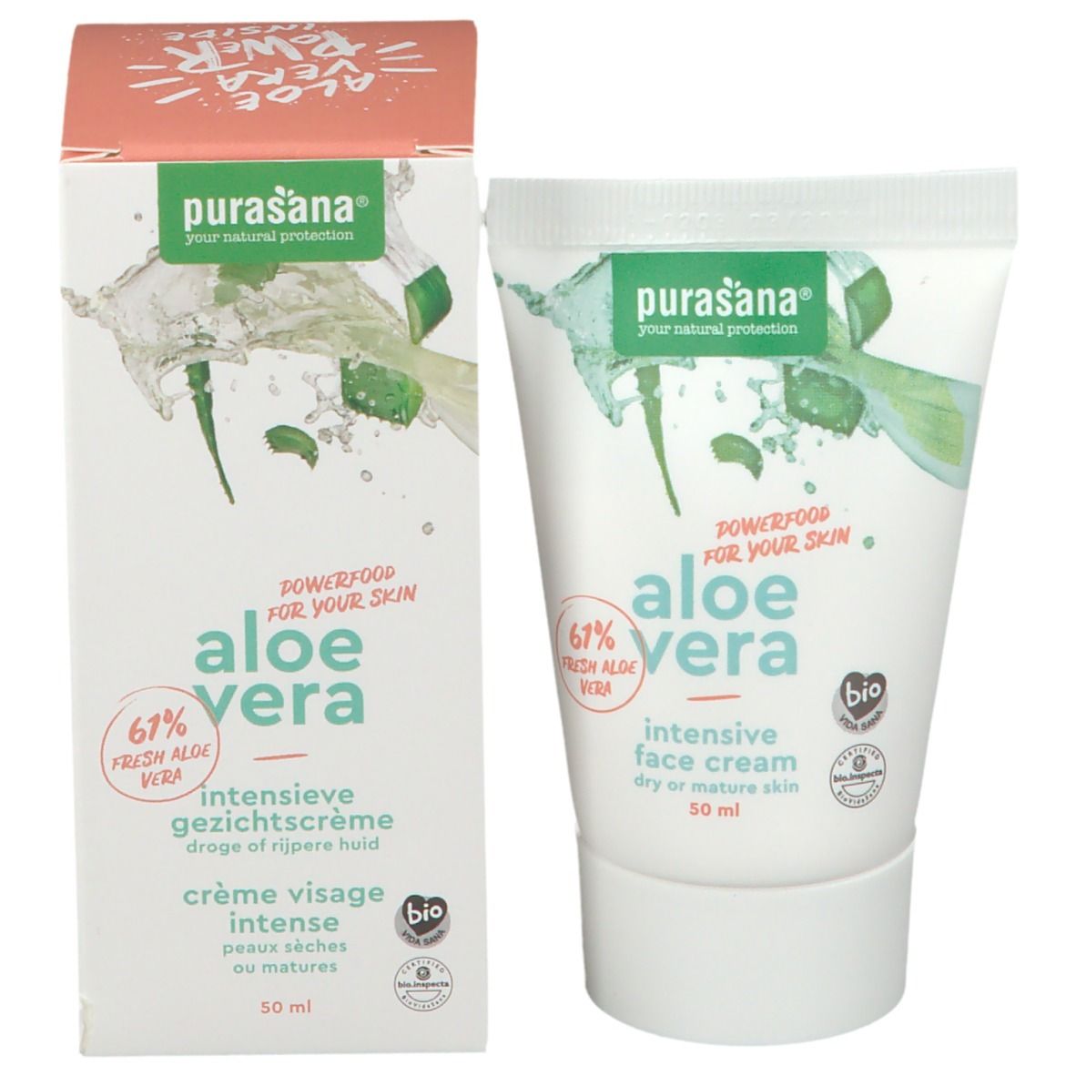 Purasana® Aloe Vera Bio-Intensiv-Gesichtscreme, tube et emballage. Contient 61% d'aloe vera frais. Certification bio.