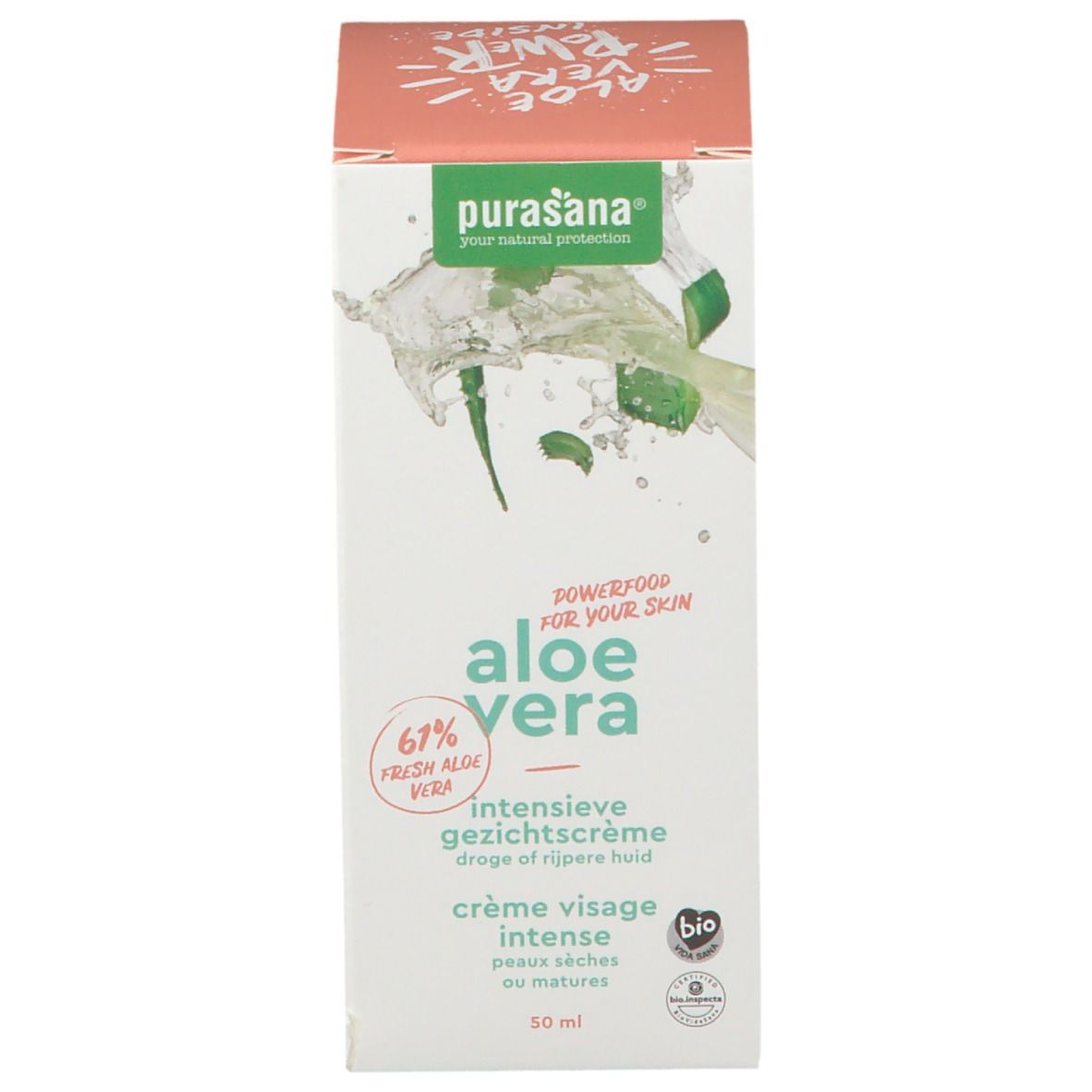 Purasana® Aloe Vera Bio-Intensiv-Gesichtscreme, emballage. Contient 61% d'aloe vera frais. Certification bio.