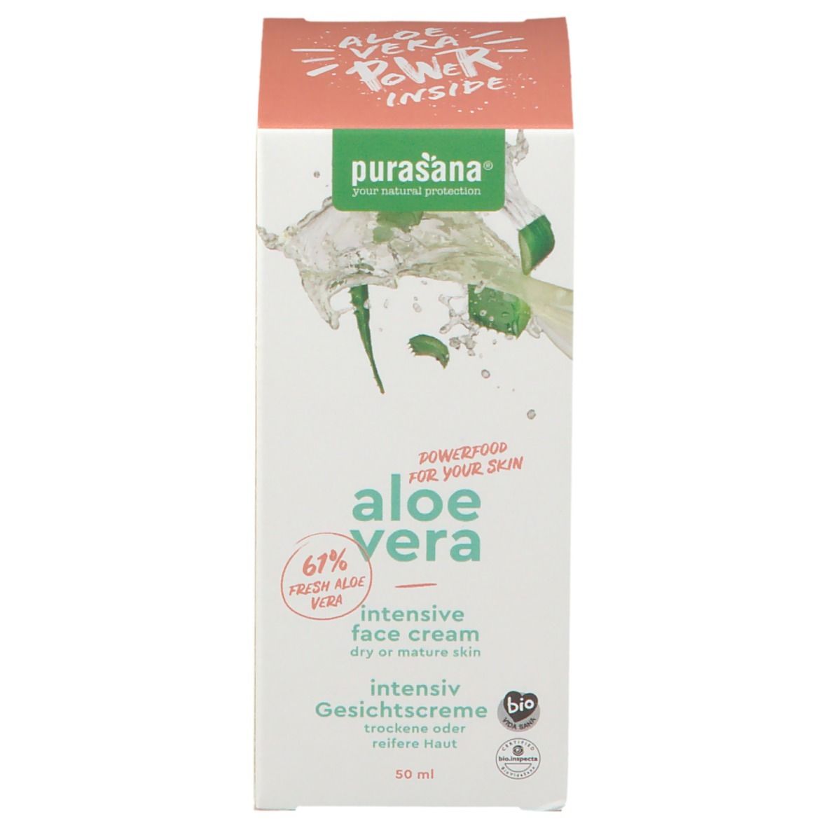 Purasana® Aloe Vera Bio-Intensiv-Gesichtscreme, emballage. Contient 61% d'aloe vera frais. Certification bio.