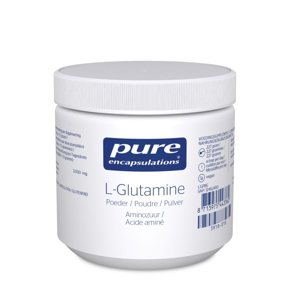 Poudre de supplément blanche en pot. Inscription : Pure Encapsulations, L-Glutamine Pulver. 227 g.