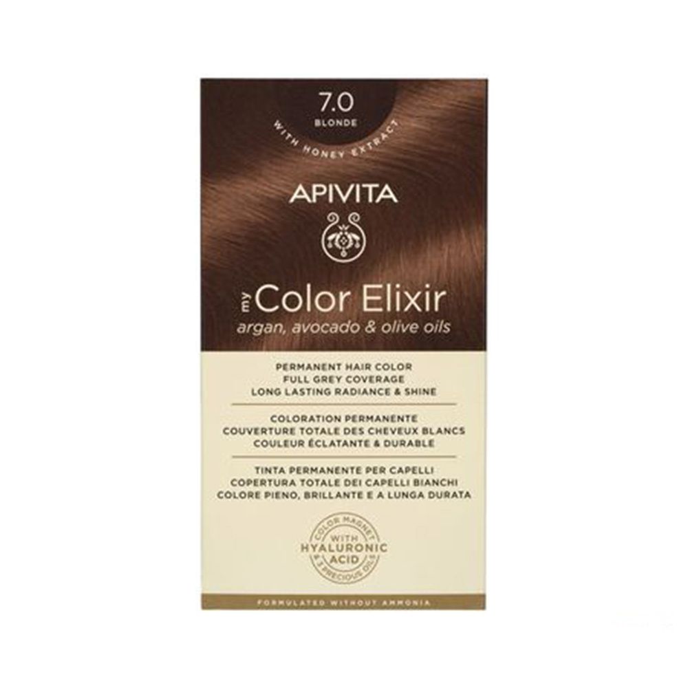 APIVITA Color Elixir 7.0 Blond. Coloration permanente pour cheveux. Boîte avec informations et logo.