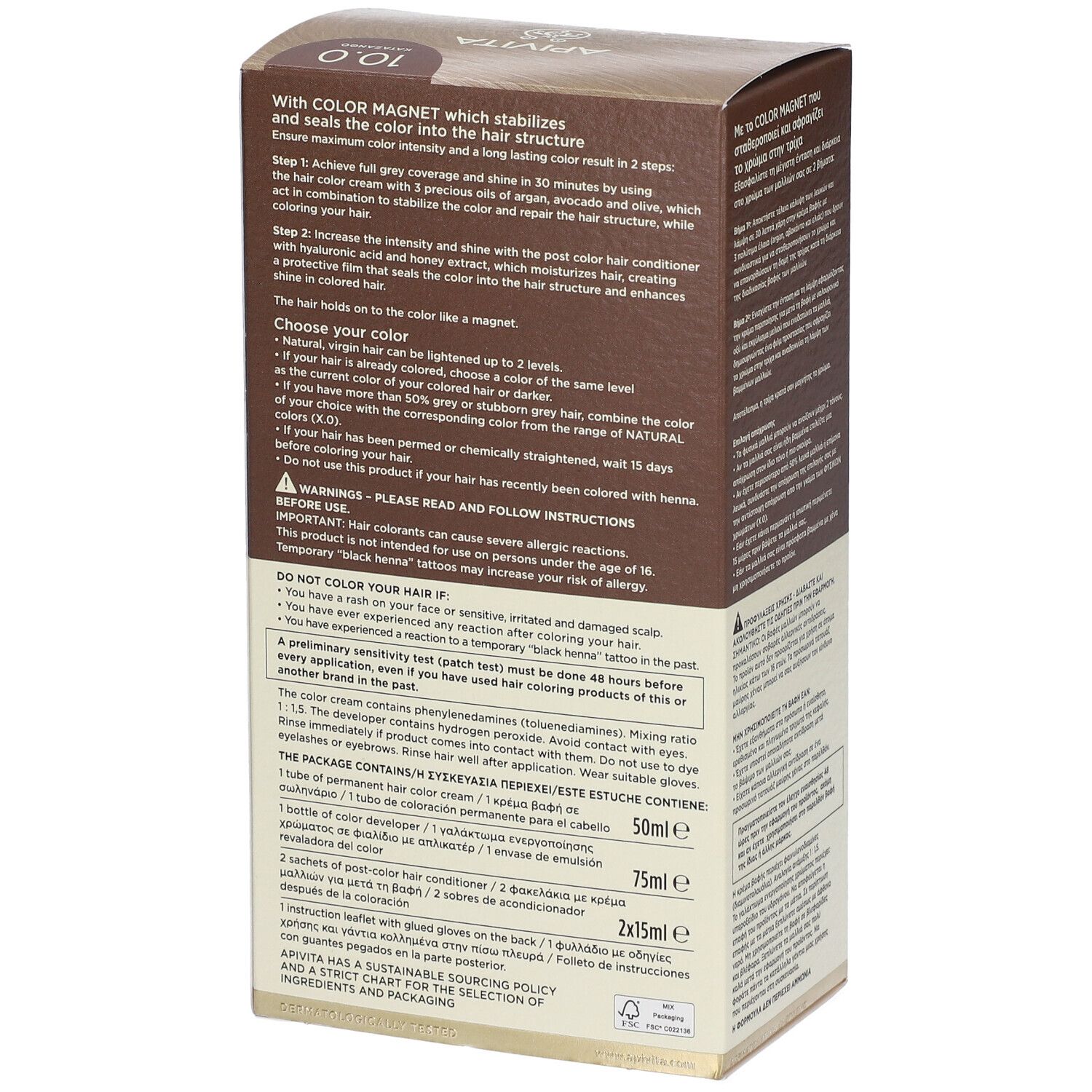 Dos de la boîte APIVITA My Color Elixir 10.0 Blond platine. Informations sur l'utilisation et les ingrédients.