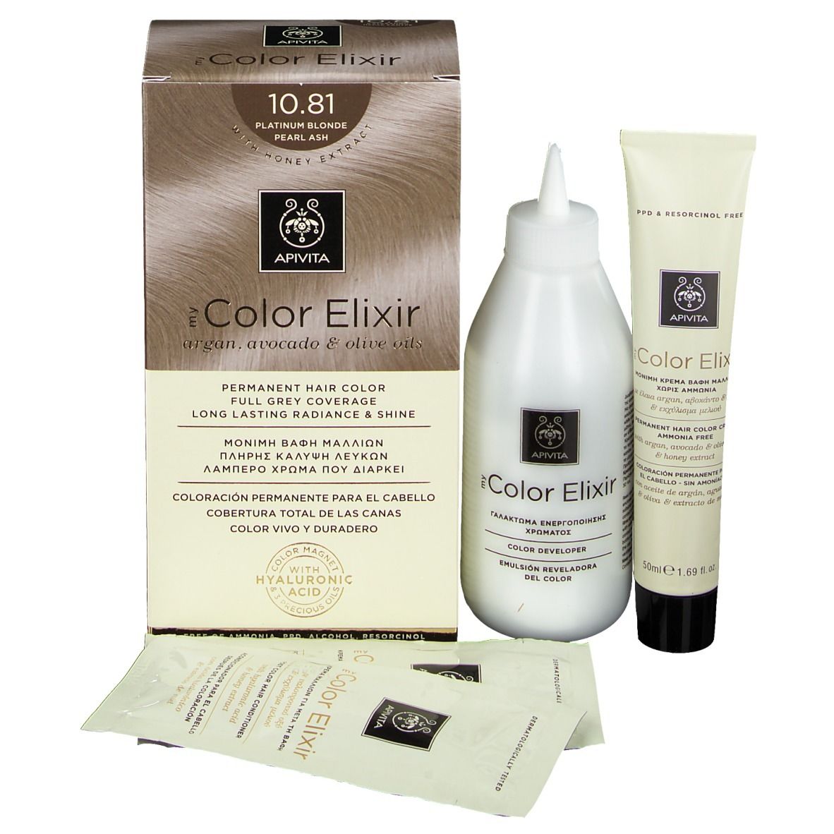 APIVITA iColor Elixir 10.81, coloration permanente. Boîte, flacon applicateur, tube et sachets. Contient de l'acide hyaluronique.