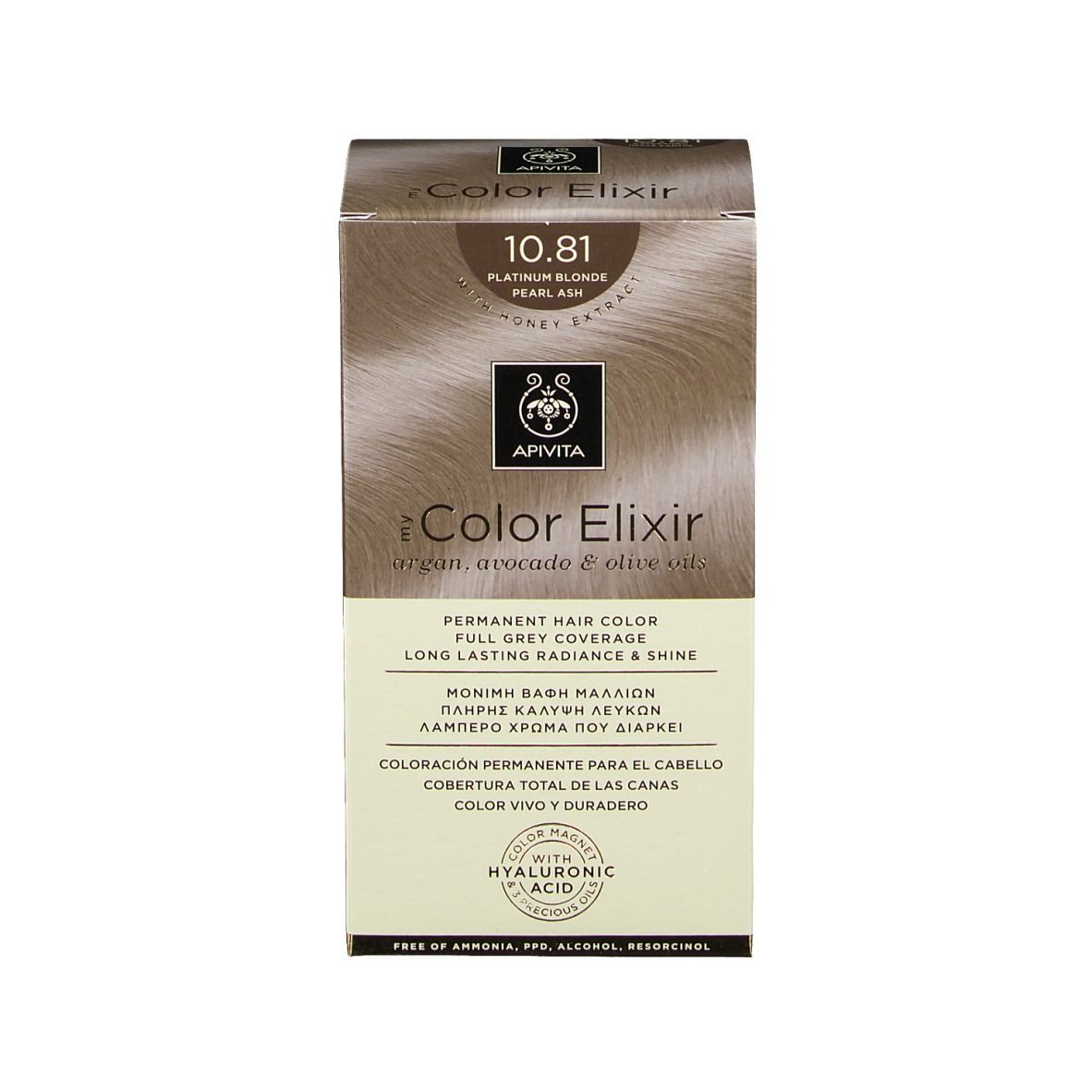 Boîte de coloration APIVITA iColor Elixir 10.81. Informations produit. Coloration permanente avec acide hyaluronique.