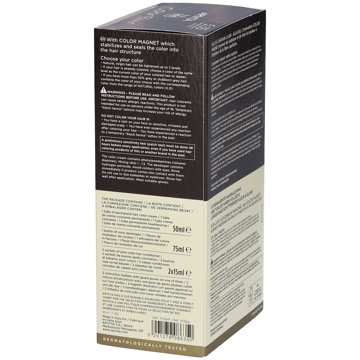 Boîte de teinture capillaire avec technologie COLOR MAGNET. Contient 1 tube de crème colorante 50ml, 1 tube de développeur 75ml, 2 sachets de soin post-coloration 15ml.