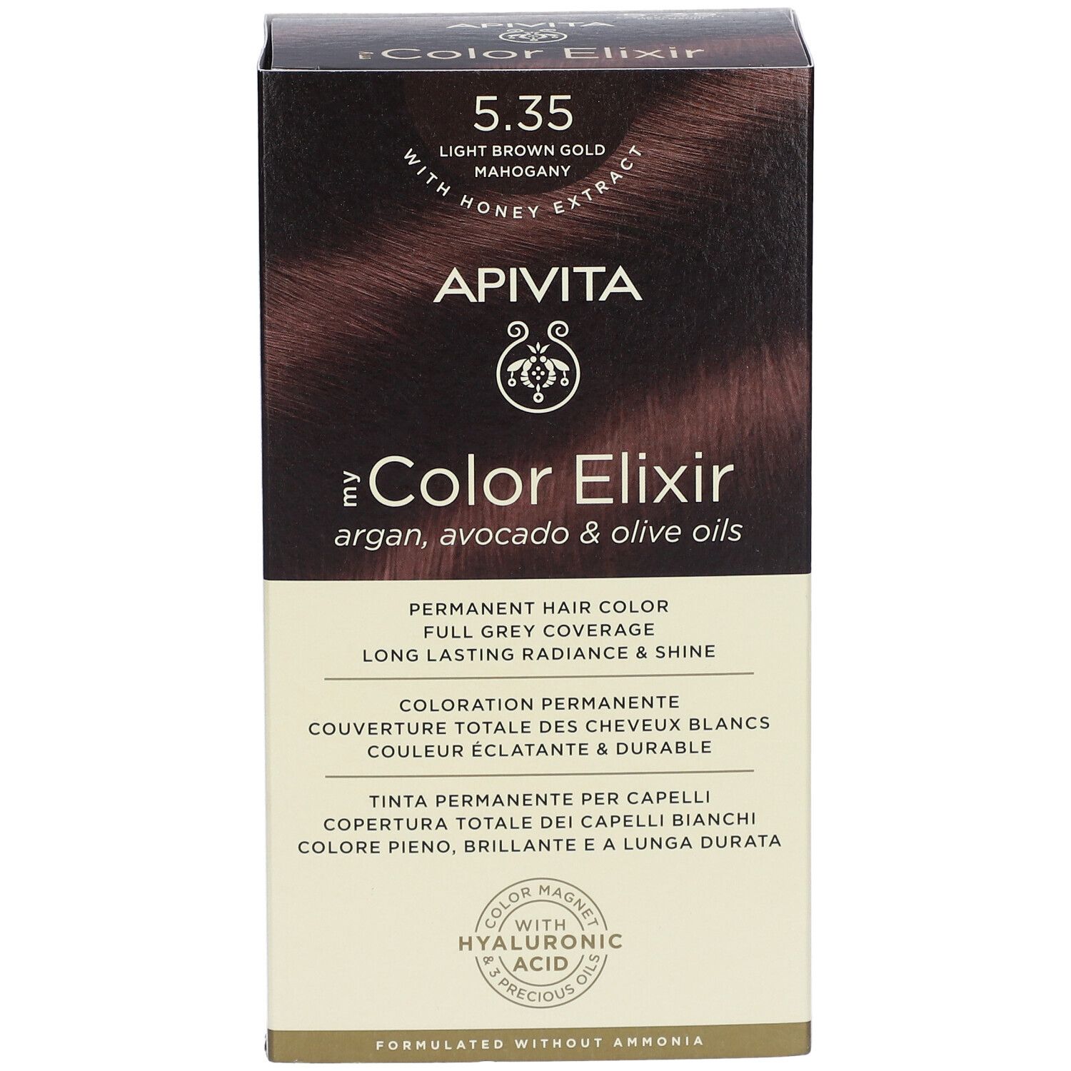 API VITA Color Elixir coloration permanente 5.35 Brun Clair Doré Acajou avec extrait de miel, huiles d'argan, d'avocat et d'olive.