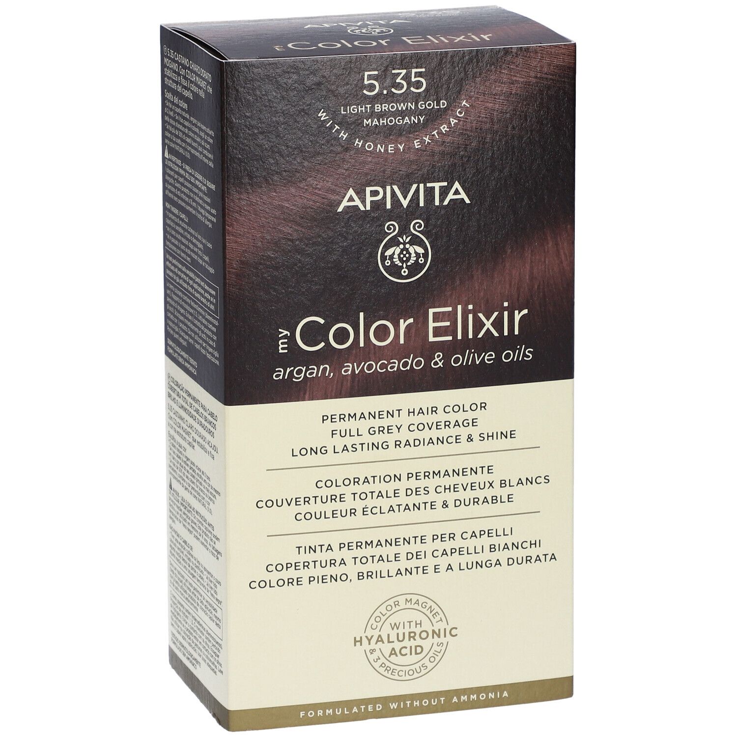 APIVITA Color Elixir coloration permanente, 5.35 Brun Clair Doré Acajou, avec extrait de miel.