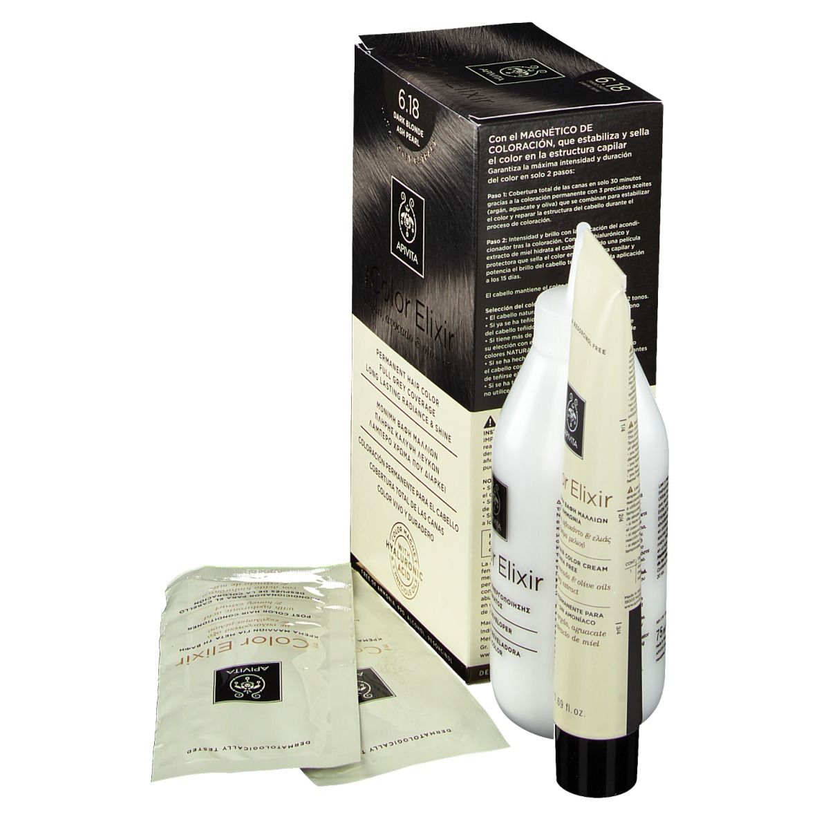Kit de coloration capillaire. Comprend une boîte, une bouteille, un tube et des sachets. "6.18 Blond foncé" est visible.