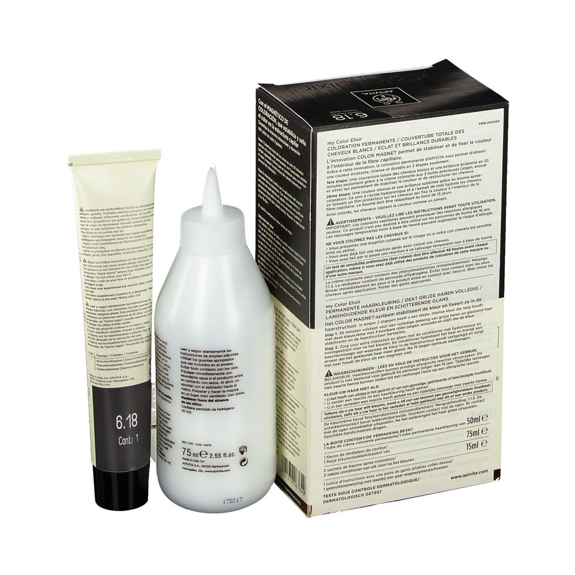 Kit de coloration capillaire. Comprend une boîte, une bouteille et un tube. "6.18" est visible sur le tube. Texte au dos de la boîte.