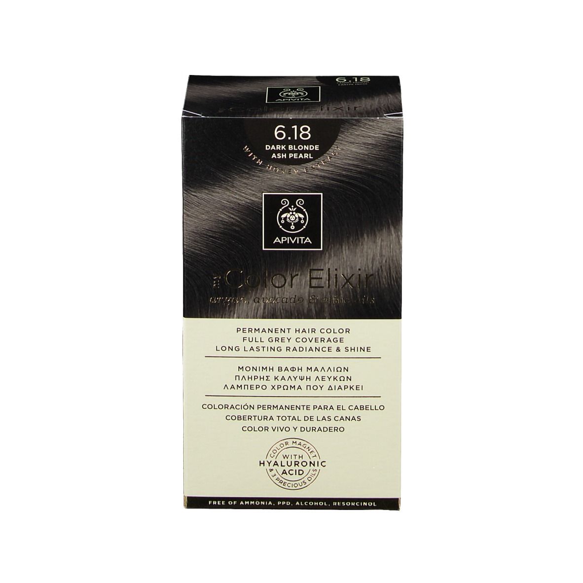 Boîte de coloration capillaire. "6.18 Blond foncé" est visible sur la boîte.