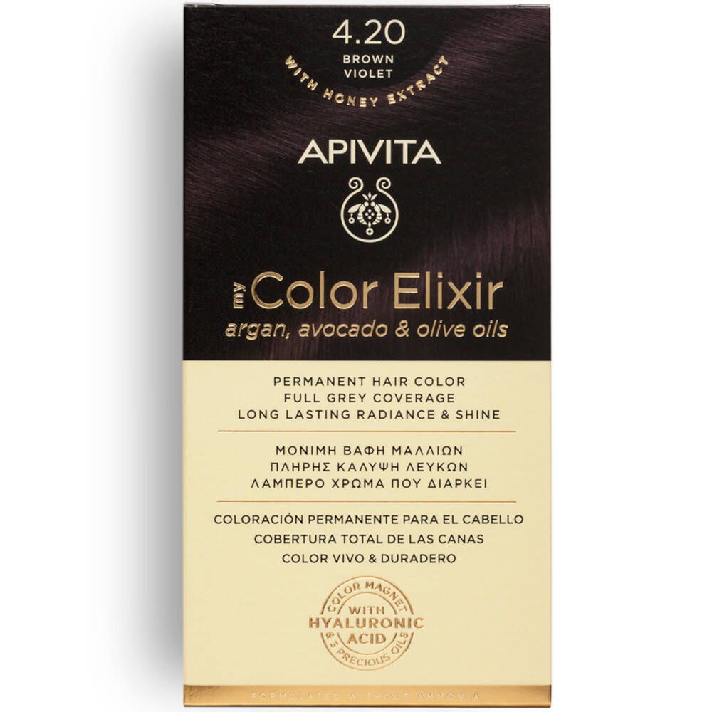 Coloration permanente 4.20 Brun Violet. Marque APIVITA. Avec extrait de miel. Couvre les cheveux gris. Pour brillance et éclat.