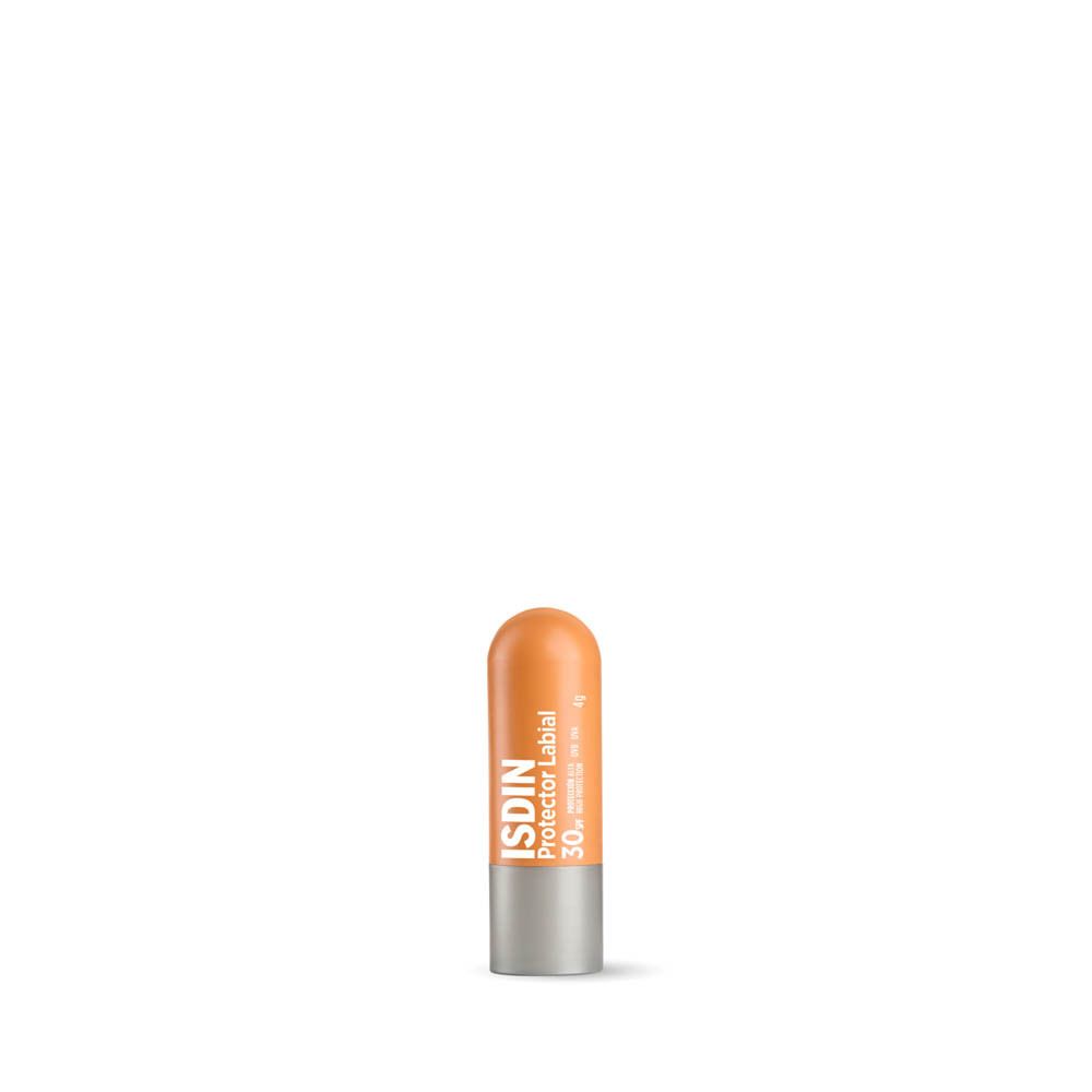 Stick à lèvres ISDIN Protector Labial 30. Orange et argenté. Texte sur le stick.