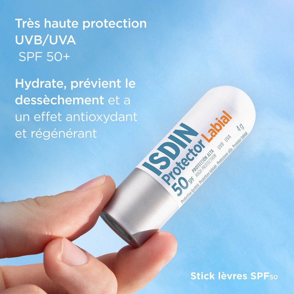 Gros plan sur des lèvres. Texte : Texture apaisante. Ne laisse aucune trace. Stick lèvres SPF50.