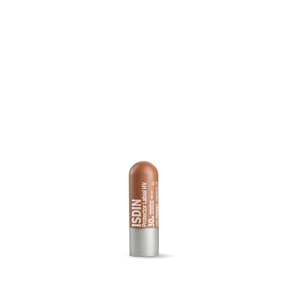 Stick à lèvres ISDIN Protector Labial HV LSF 30. Marron avec base argentée. Sur fond blanc.