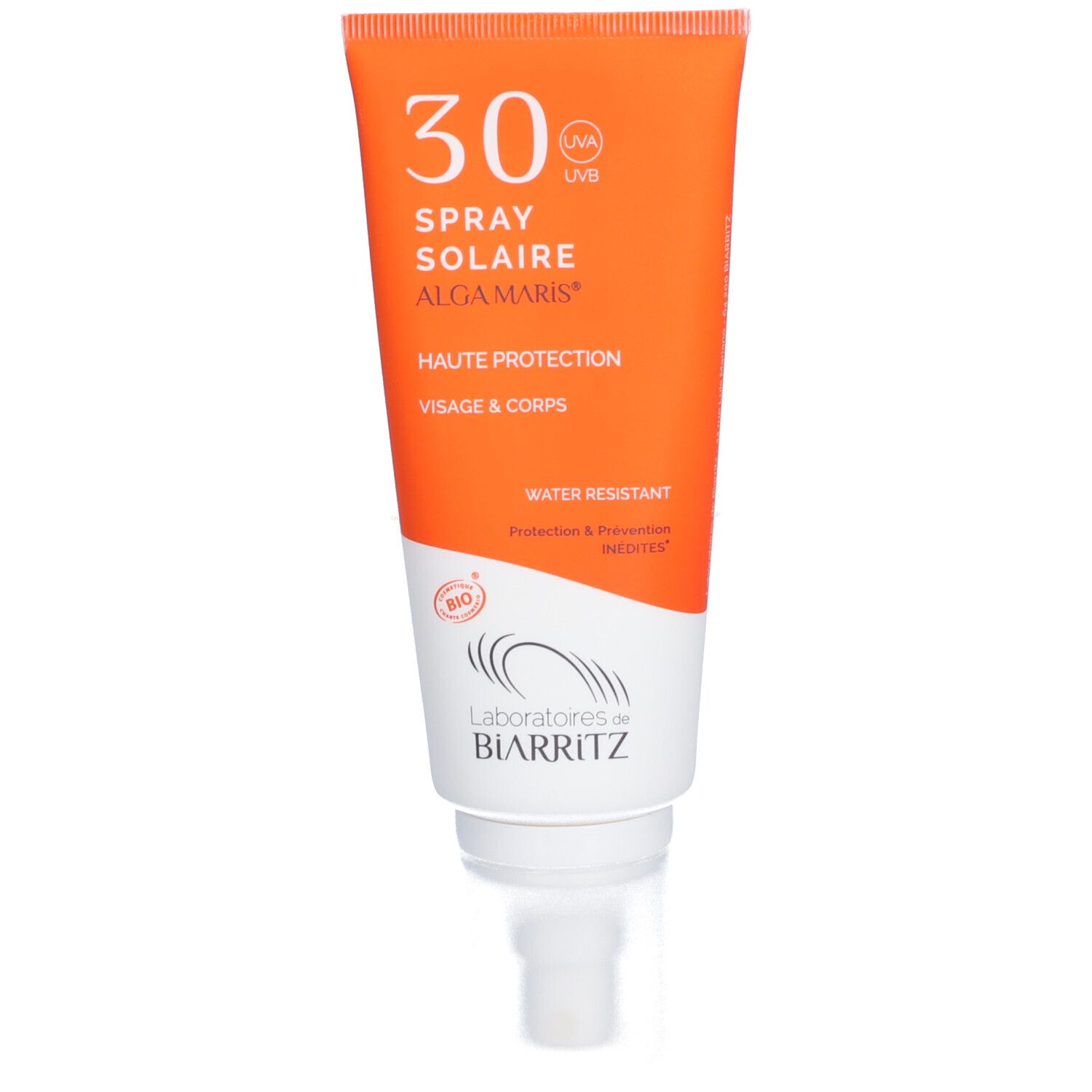 Tube orange avec embout spray blanc. Texte: 30, Spray Solaire, Alga Maris, Visage & Corps, Haute Protection, Water Resistant.