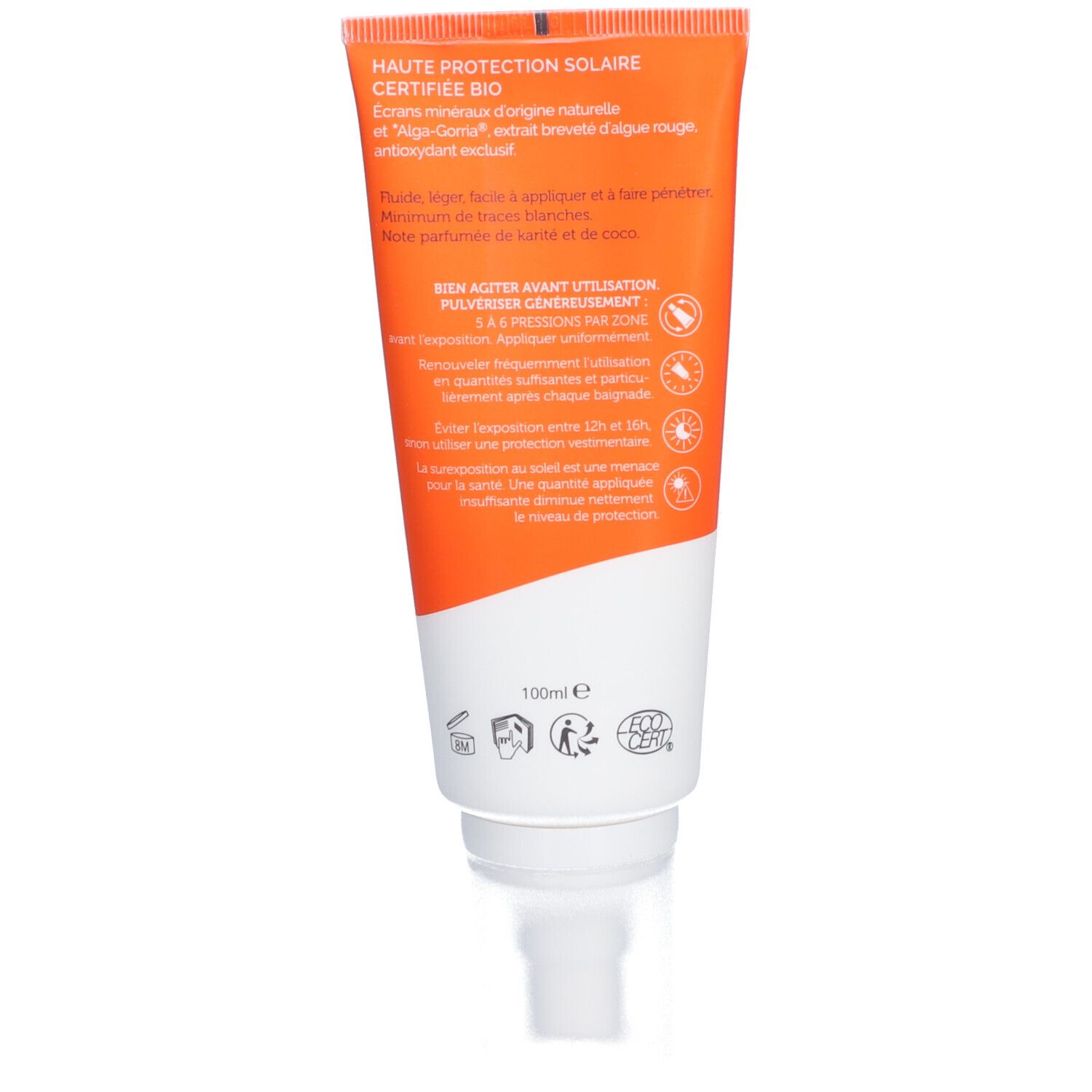 Dos du tube orange. Texte: Haute Protection Solaire Certifiée Bio, 100ml, logos.