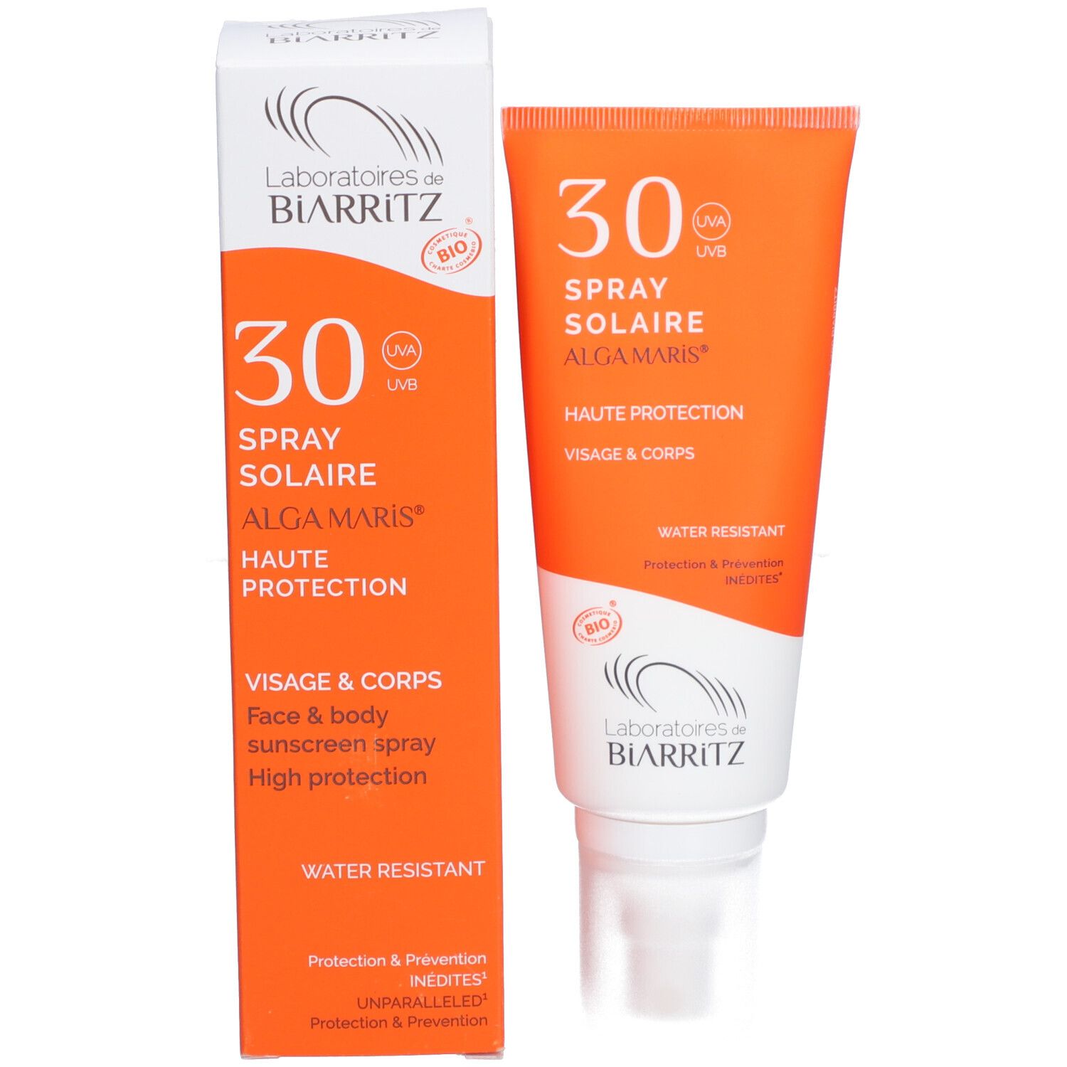 Emballage et tube. Texte: 30, Spray Solaire, Alga Maris, Visage & Corps, Haute Protection, Water Resistant.