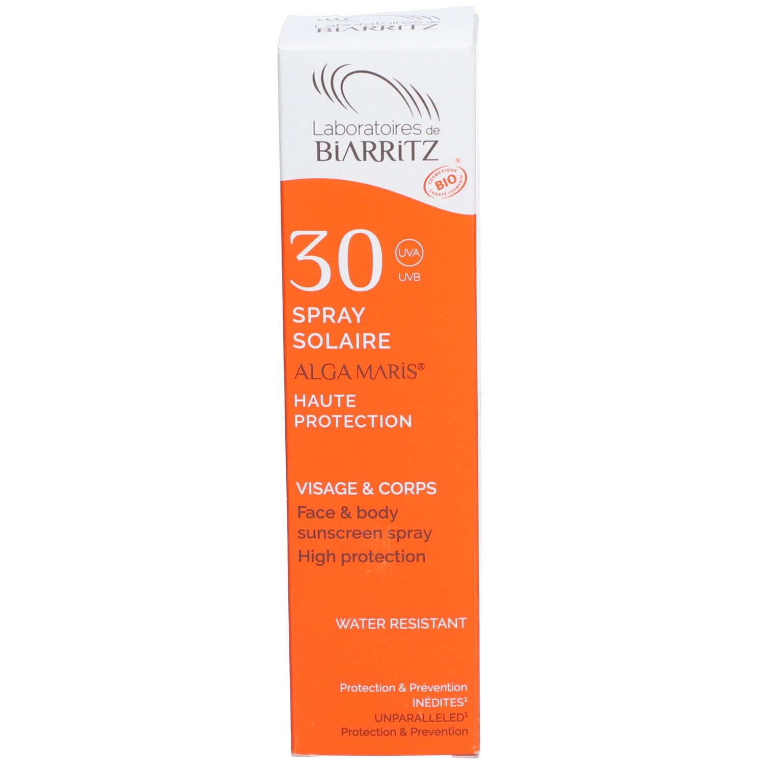 Emballage du produit. Texte: 30, Spray Solaire, Alga Maris, Visage & Corps, Haute Protection, Water Resistant.