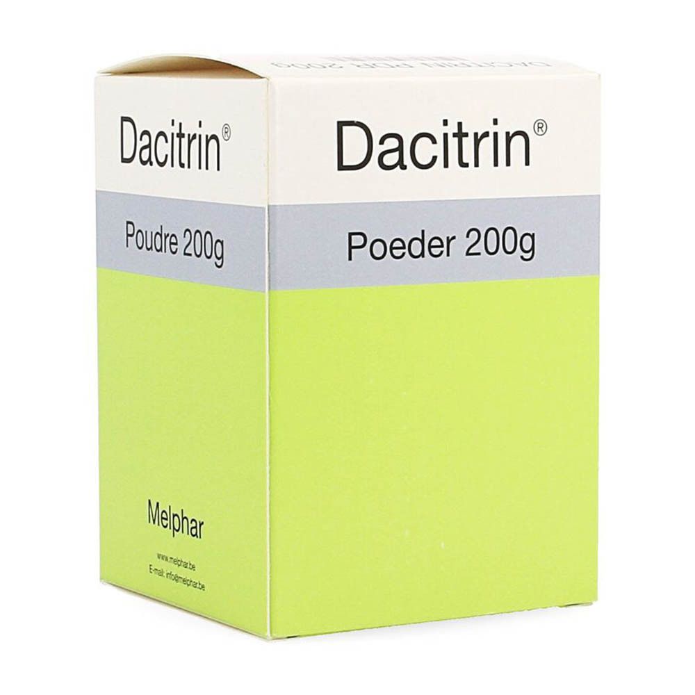 Emballage en carton avec inscription: Dacitrin, Poudre 200g. Contient des informations sur les ingrédients et l'utilisation.