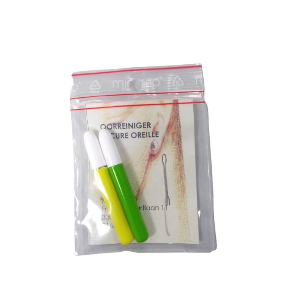Deux cure-oreilles dans un sachet plastique transparent. Stylos jaune et vert. Notice avec texte et illustration.