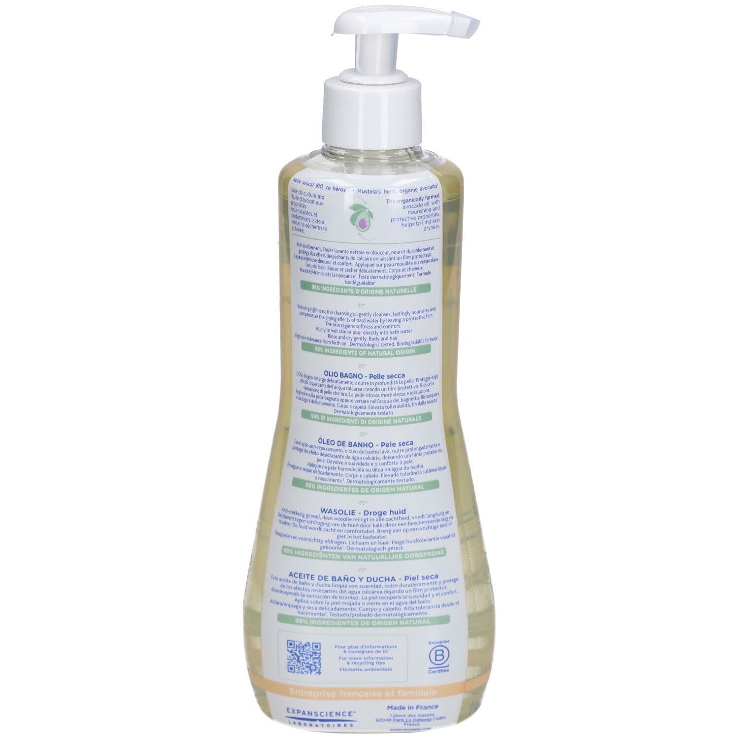 Dos du flacon d'huile lavante Mustela. Inscriptions en plusieurs langues. Logo vert. Code QR.