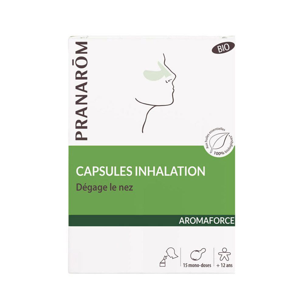 Boîte de capsules d'inhalation Pranarôm Aromaforce Bio. Inscription: Capsules Inhalation, Dégage le nez. 15 mono-doses.