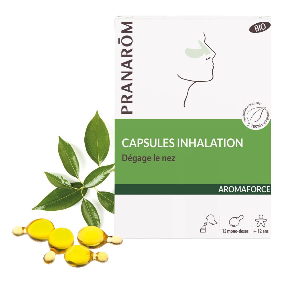 Boîte de capsules d'inhalation Pranarôm Aromaforce Bio. Inscription: Capsules Inhalation, Dégage le nez. 15 mono-doses. Capsules à côté.