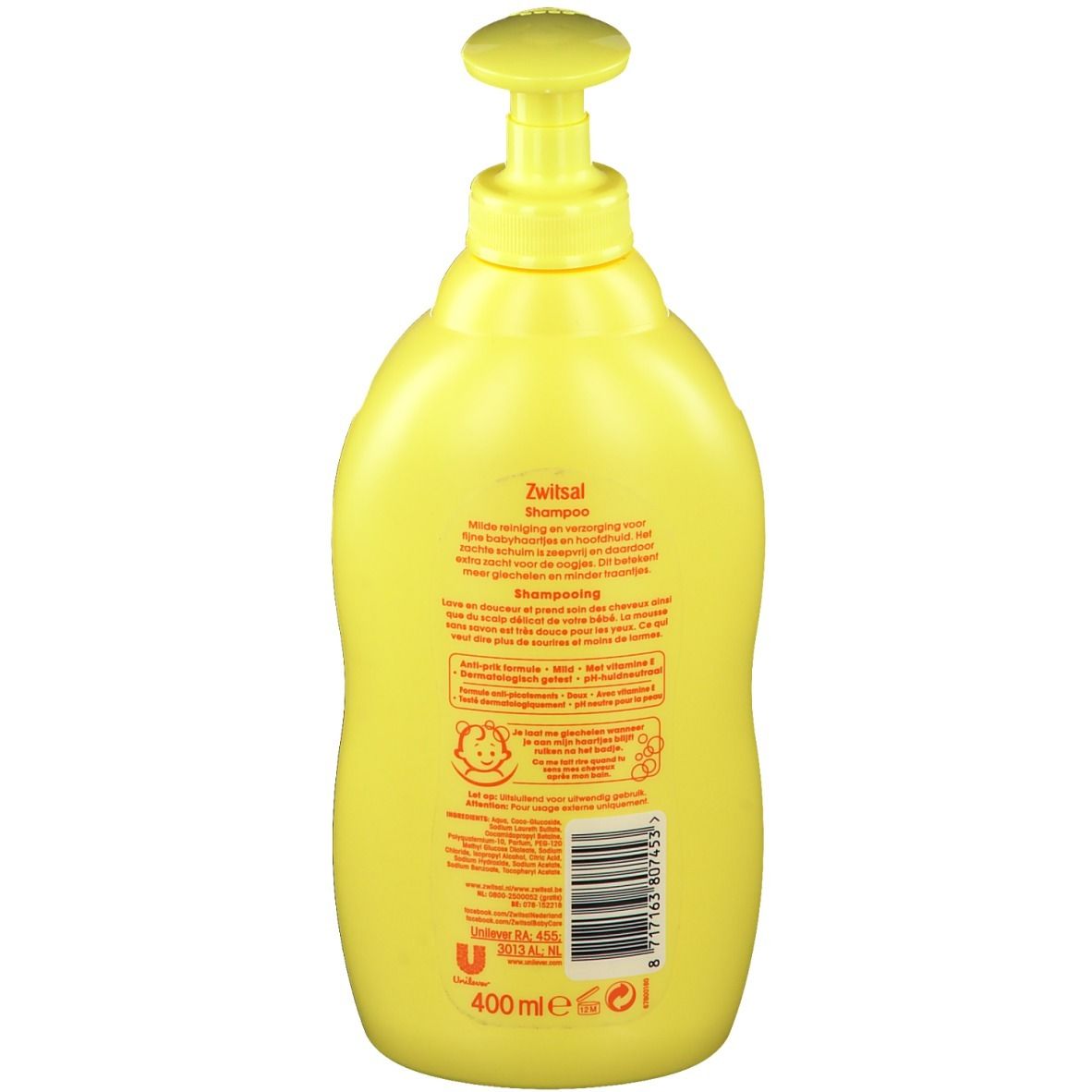 Flacon jaune de shampooing pour bébé Zwitsal avec pompe. Texte en néerlandais et en français. 400 ml.