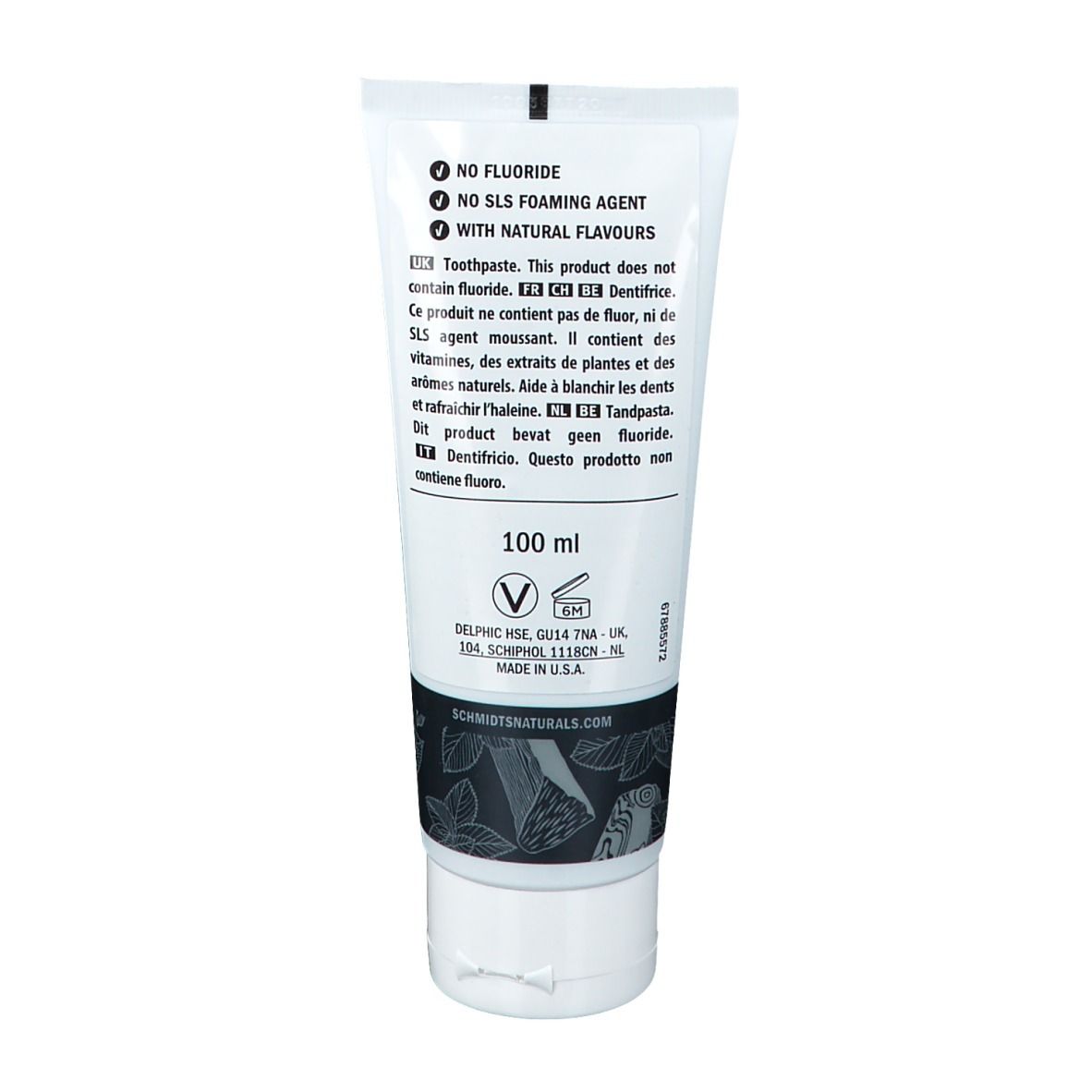 Dos du tube de dentifrice. Contient des informations sur les ingrédients et les certifications. 100 ml.
