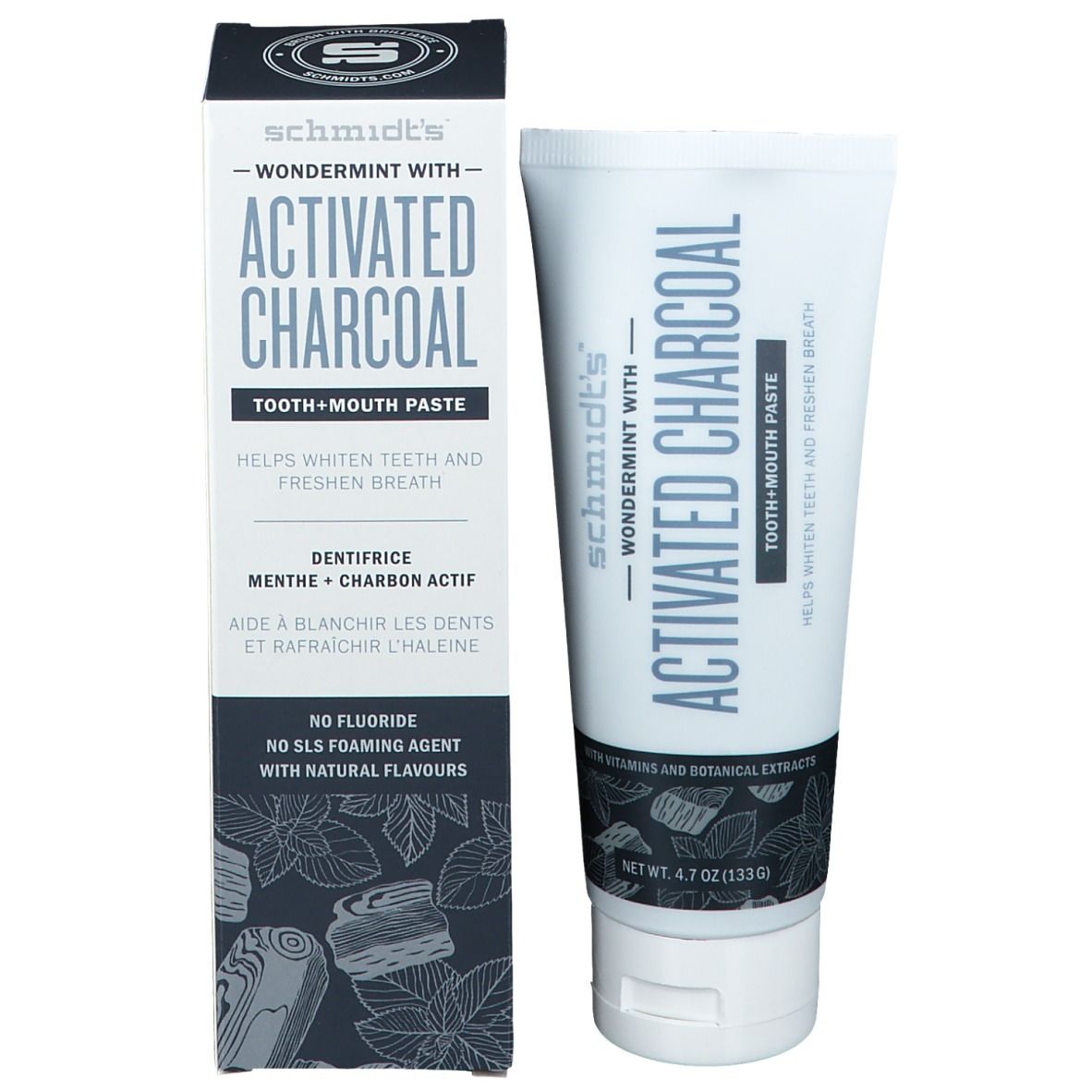 Dentifrice et emballage. Inscription: Activated Charcoal, aide à blanchir les dents et rafraîchir l'haleine. Sans fluor.