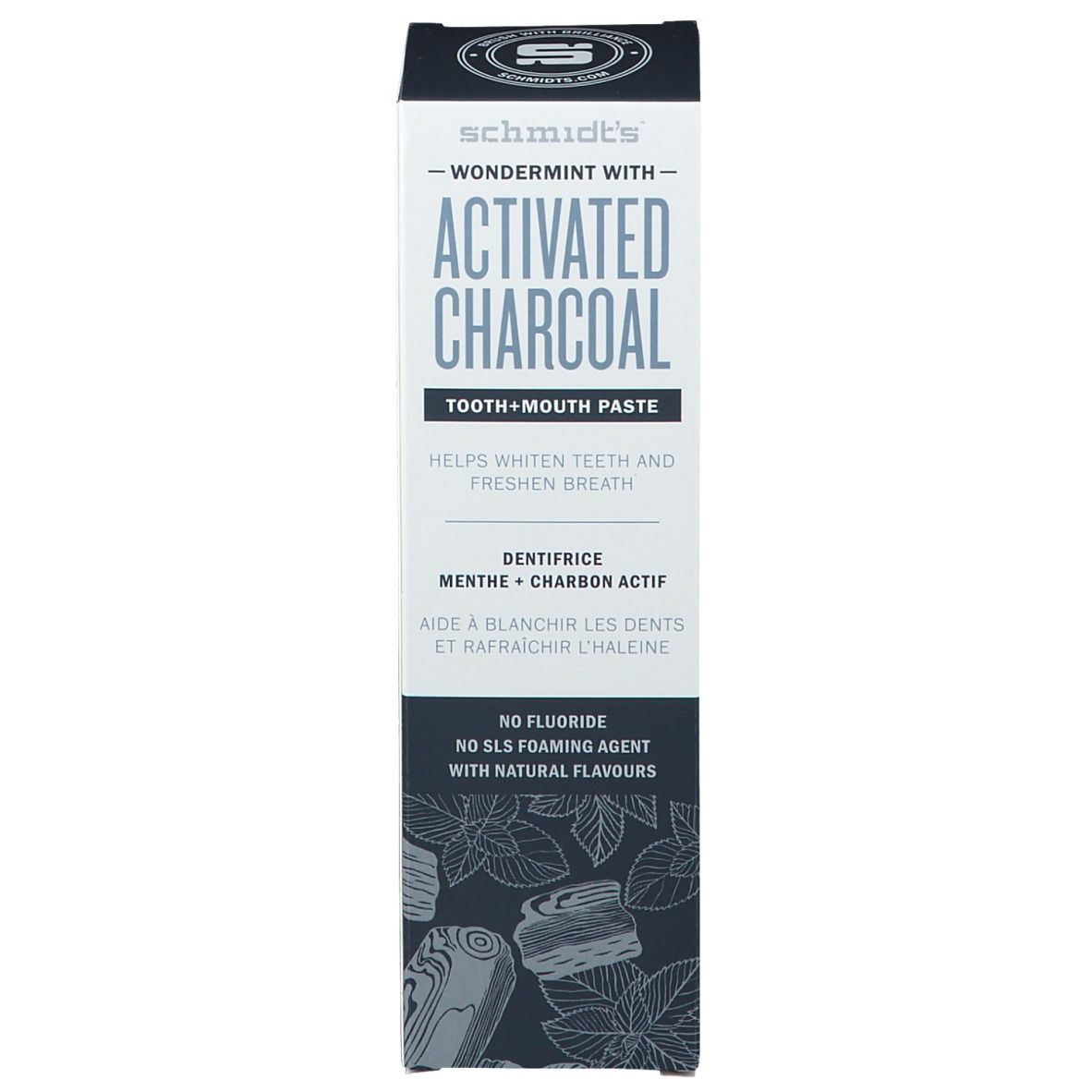 Emballage du dentifrice. Inscription: Activated Charcoal, aide à blanchir les dents et rafraîchir l'haleine. Sans fluor.