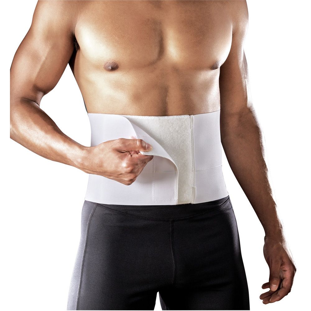 Ceinture abdominale FUTURO blanche, fermeture velcro. FUTURO et 3M sont visibles sur l'emballage.