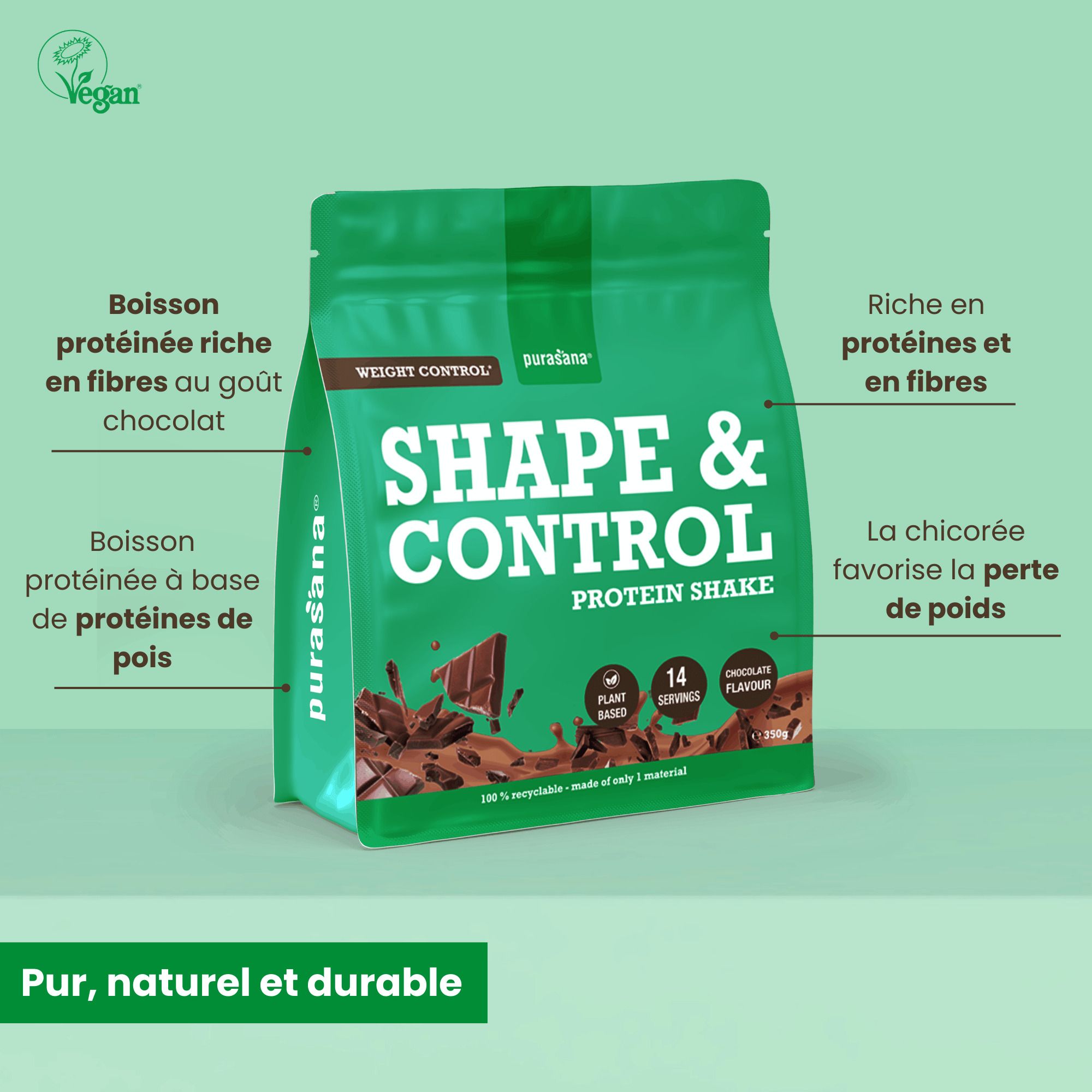 Côté d'une boîte Purasana Shape & Control Shake Protéiné Chocolat avec icônes et informations nutritionnelles.