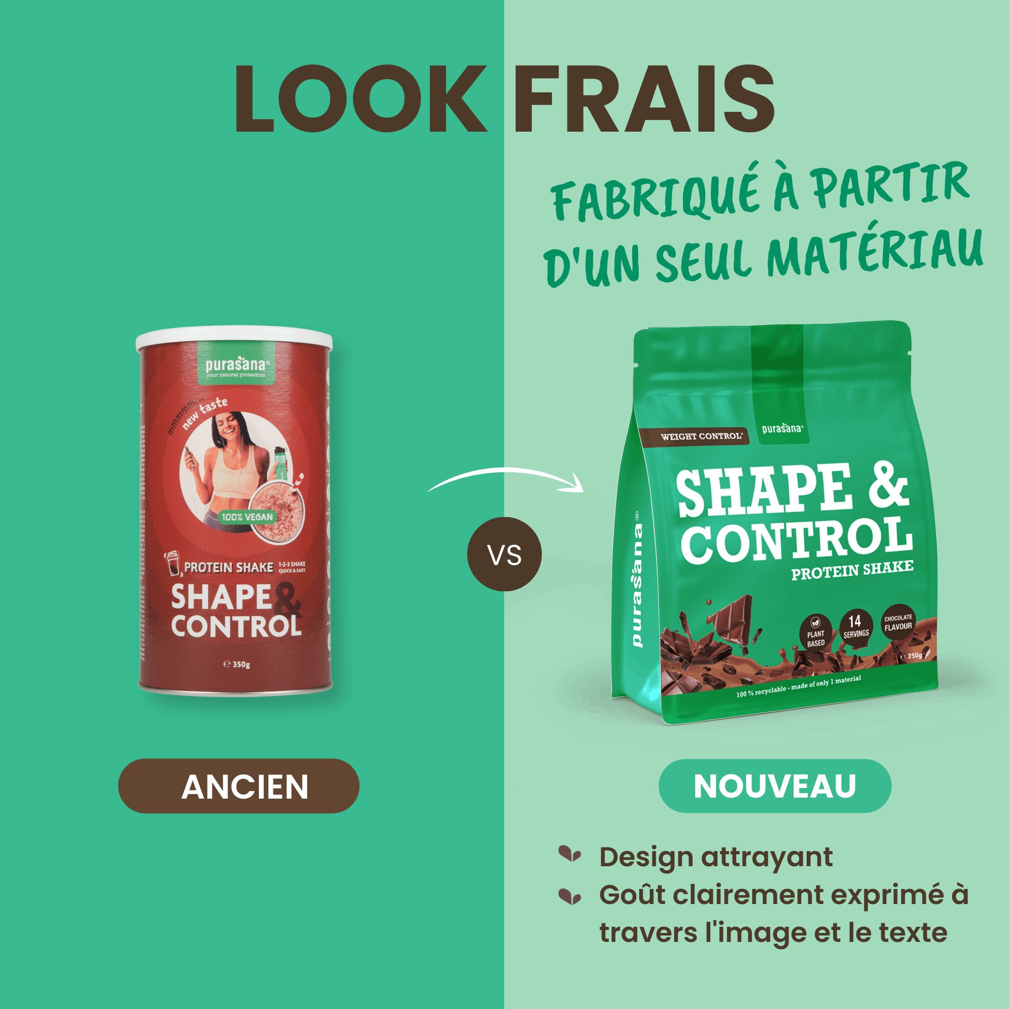 Boîte Purasana Shape & Control Shake Protéiné Chocolat, 350g. Avec image d'une femme et texte.