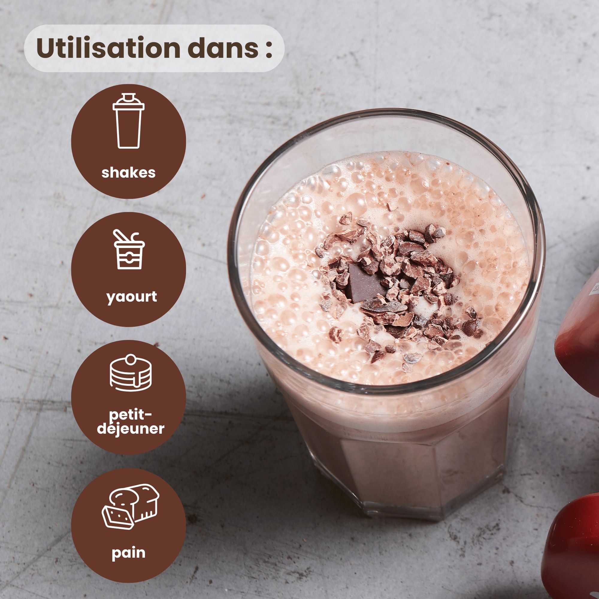 Dos d'une boîte Purasana Shape & Control Shake Protéiné Chocolat avec texte et informations nutritionnelles.