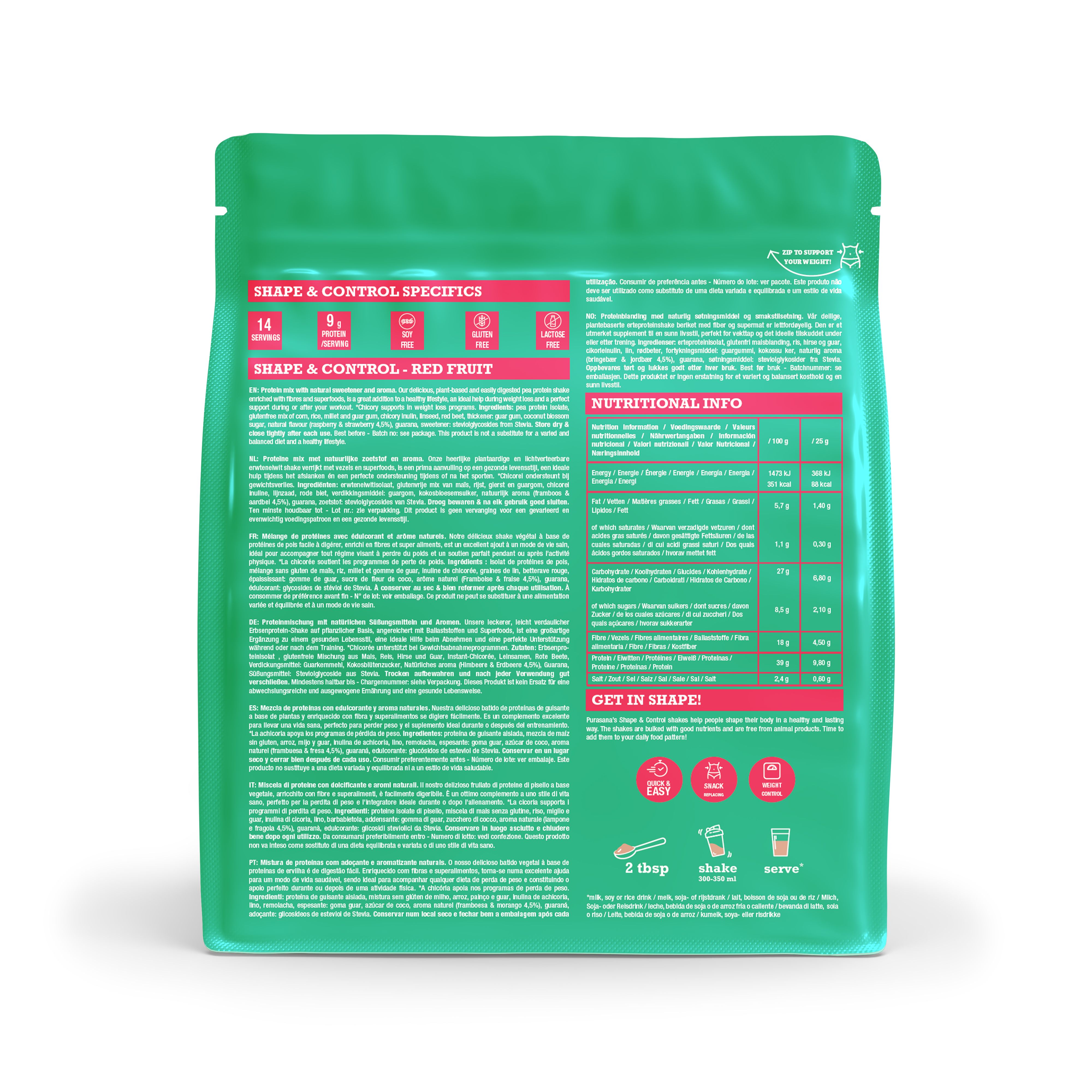 Arrière d'une boîte Purasana Shape & Control Protein Shake avec informations produit.