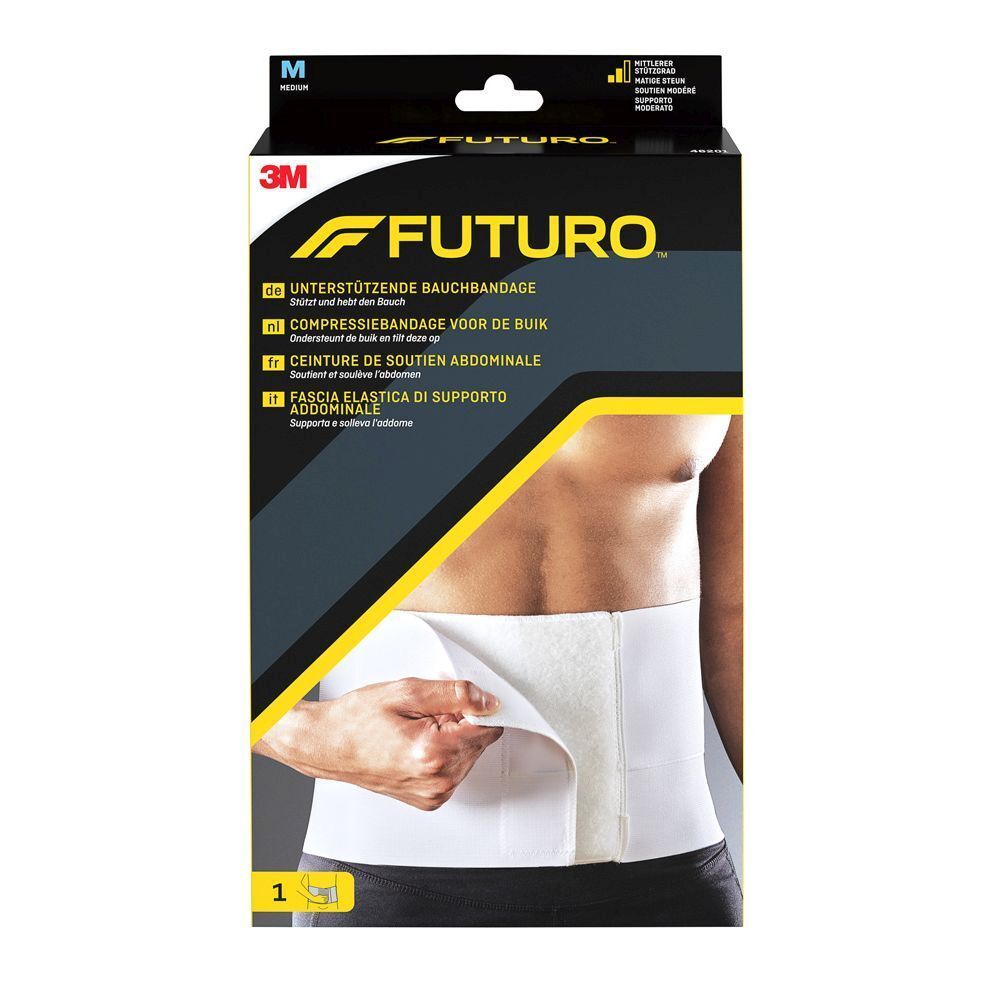 Emballage de la ceinture abdominale FUTURO. Taille M. Image du produit et nom sur l'emballage.