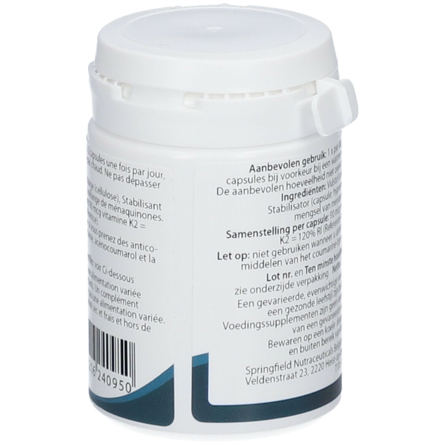 Dos du pot blanc Springfield MenaQ7. Texte en néerlandais et français. Code-barres et informations fabricant.
