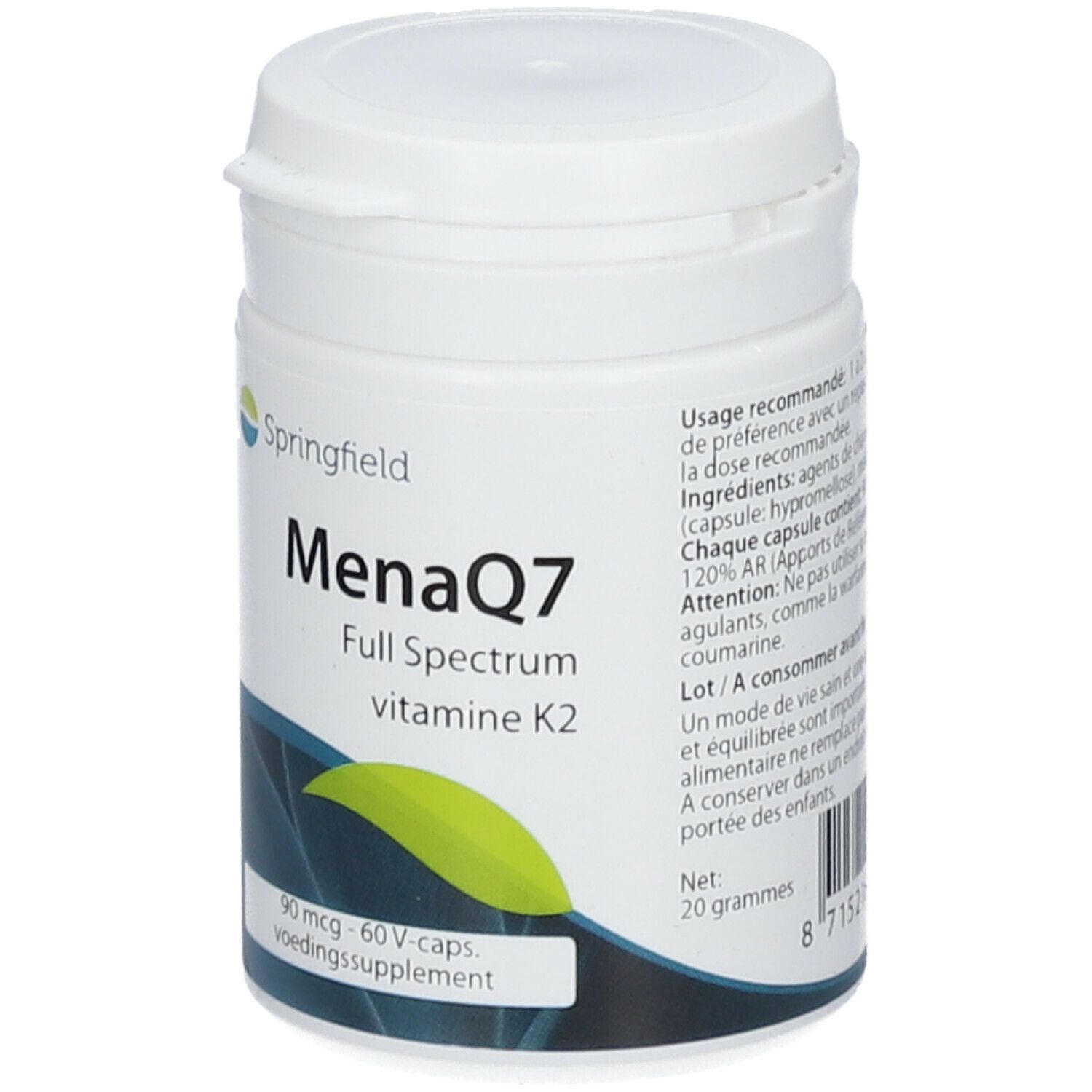 Boîte blanche Springfield MenaQ7. Inscription: Full Spectrum vitamine K2. Contient 90 mcg, 60 V-Caps. Net 20 grammes.
