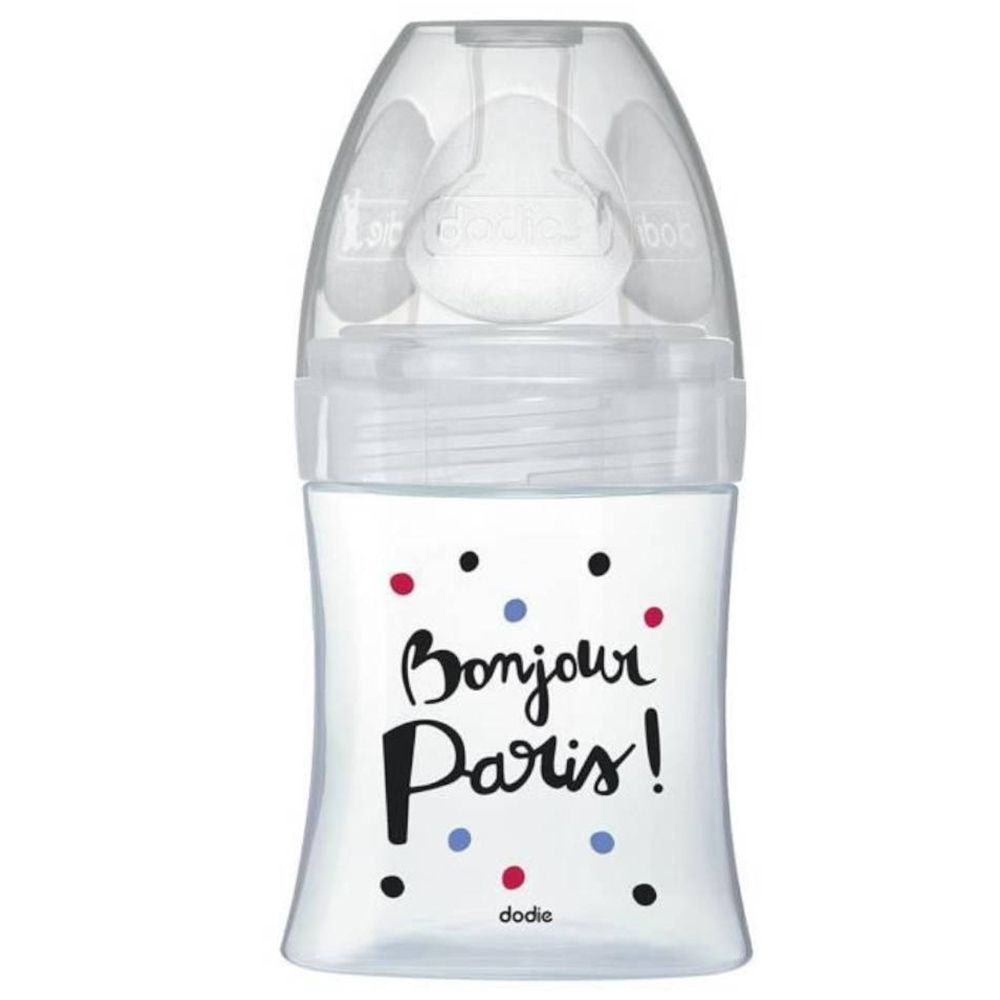 Biberon en verre avec inscription "Bonjour Paris!". Avec tétine et bouchon. Marque: dodie.