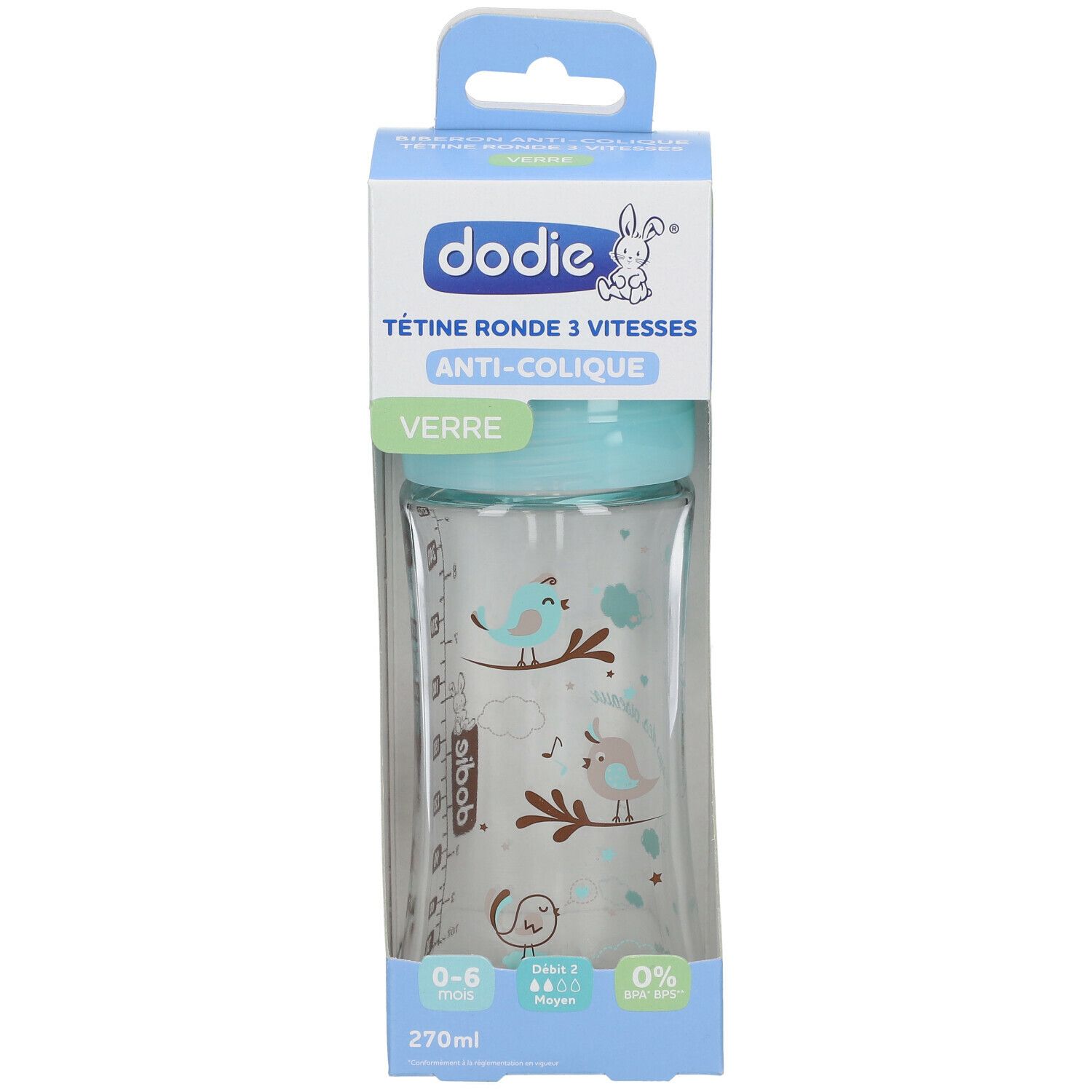 dodie® Biberon verre anti-colique tétine ronde 270 ml Oiseau 1 pc(s) -  Redcare Pharmacie