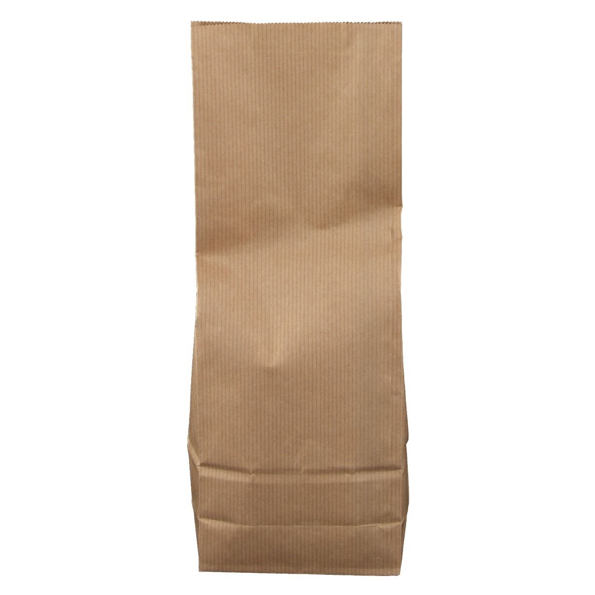 Sac en papier brun cannelé, vide. Rayures verticales. Haut et bas pliés.