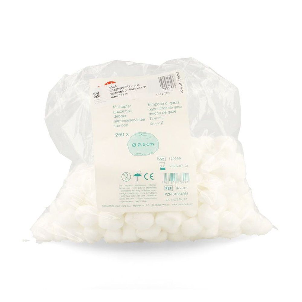 Sachet de tampons de gaze blancs et ronds. Étiquette avec informations produit. Diamètre 2,5 cm. Emballage transparent.