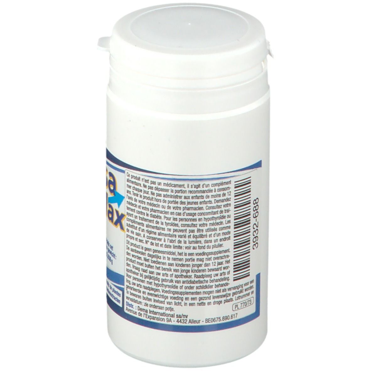 Flacon blanc, dos avec texte et code-barres. Inscription Prosa Max. Contient des informations sur le produit et le fabricant.