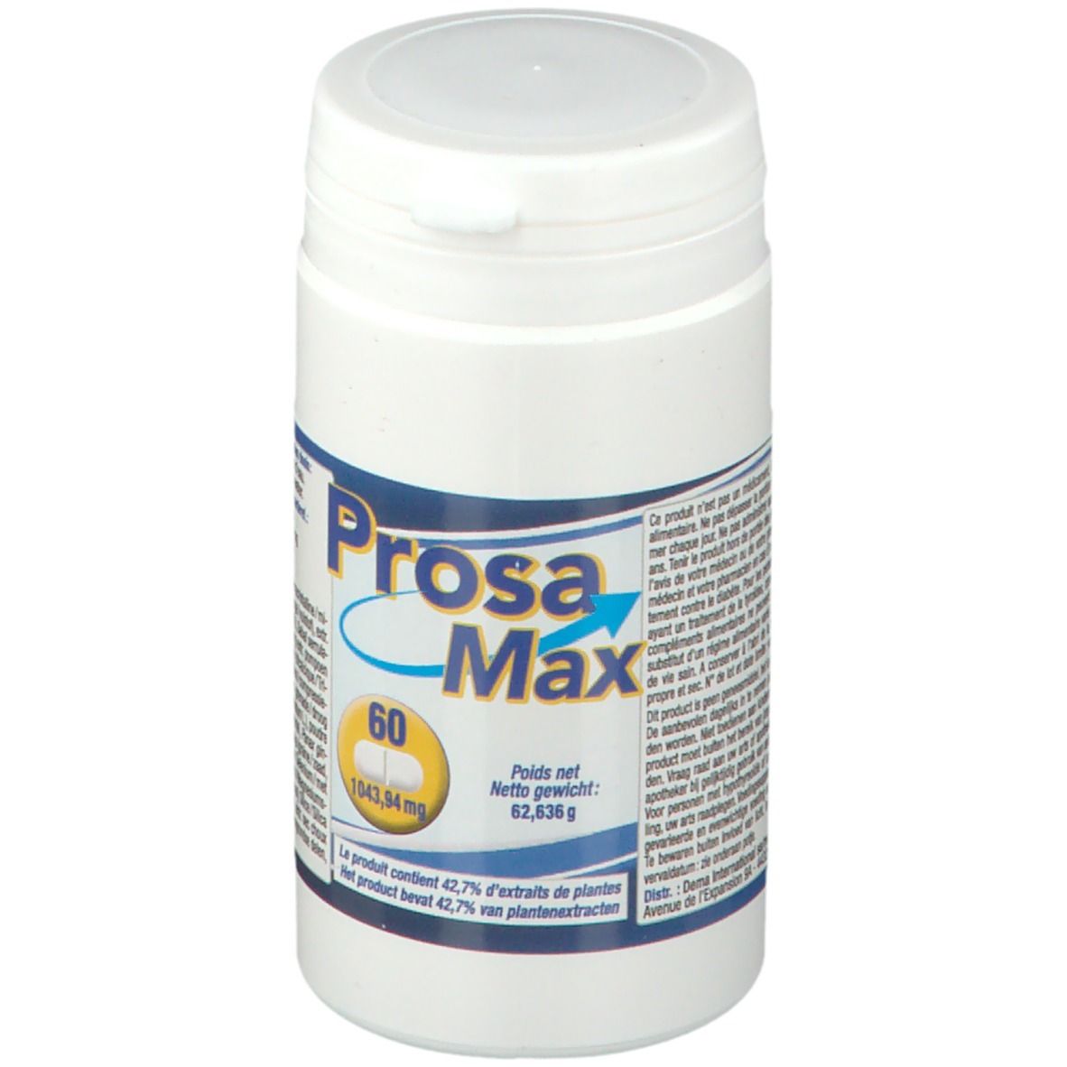 Flacon blanc avec étiquette bleue. Inscription Prosa Max, 60 comprimés. Contient 42,7% d'extraits de plantes. Poids net : 62,836 g.