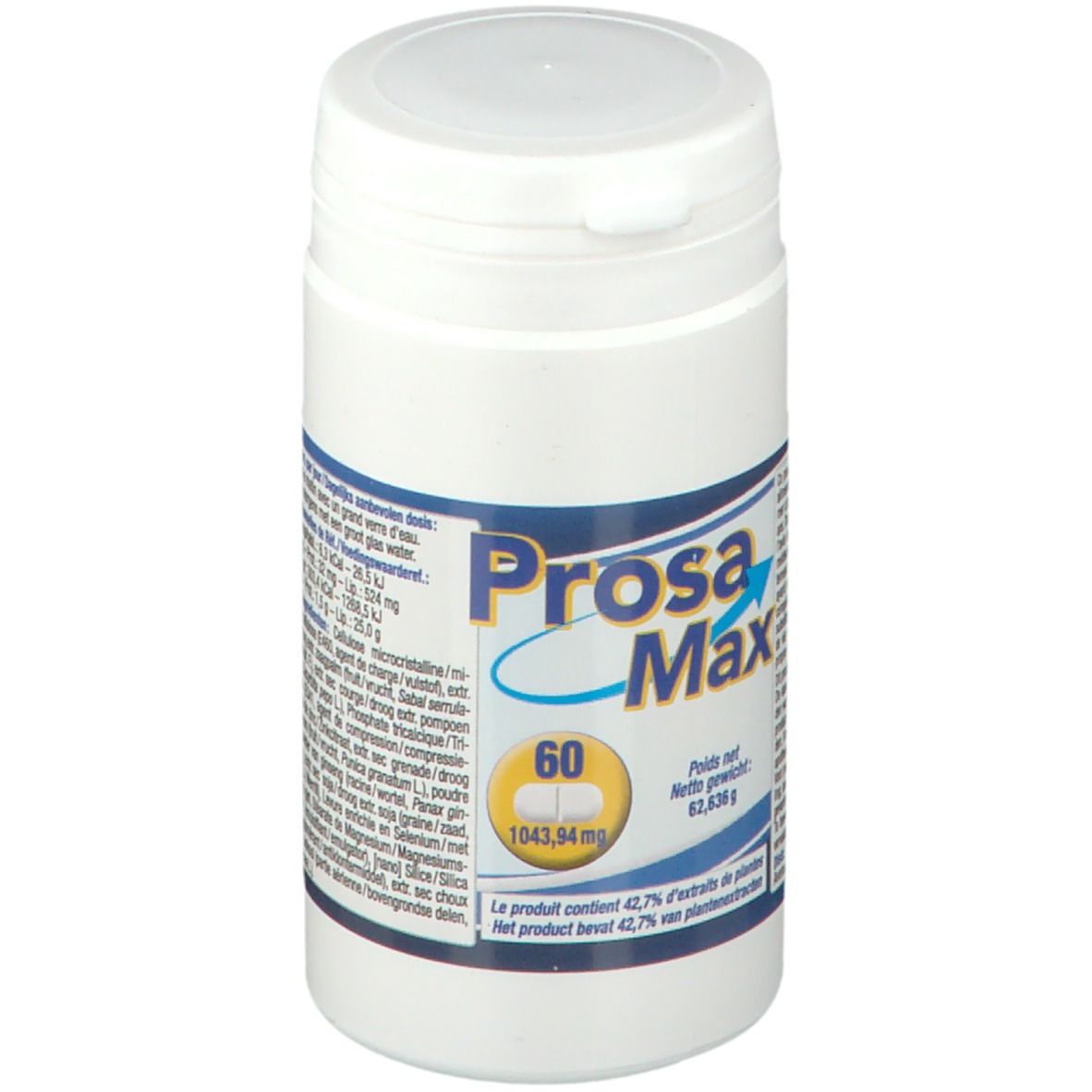 Flacon blanc avec étiquette bleue. Inscription Prosa Max, 60 comprimés. Contient 42,7% d'extraits de plantes. Poids net : 62,836 g.