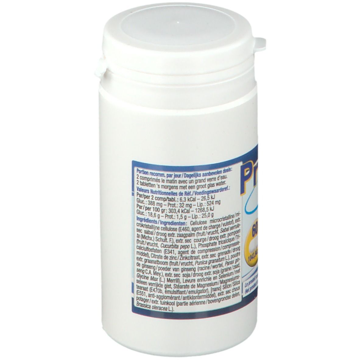 Flacon blanc, dos avec texte. Inscription Prosa Max, 60 comprimés. Contient des informations sur les ingrédients et les valeurs nutritionnelles.