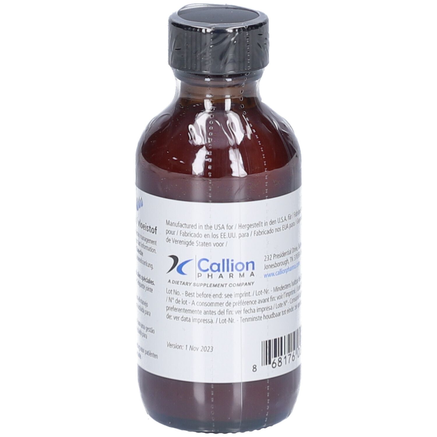 Flacon en verre brun avec bouchon noir. Étiquette avec texte et code-barres. Callion Pharma.