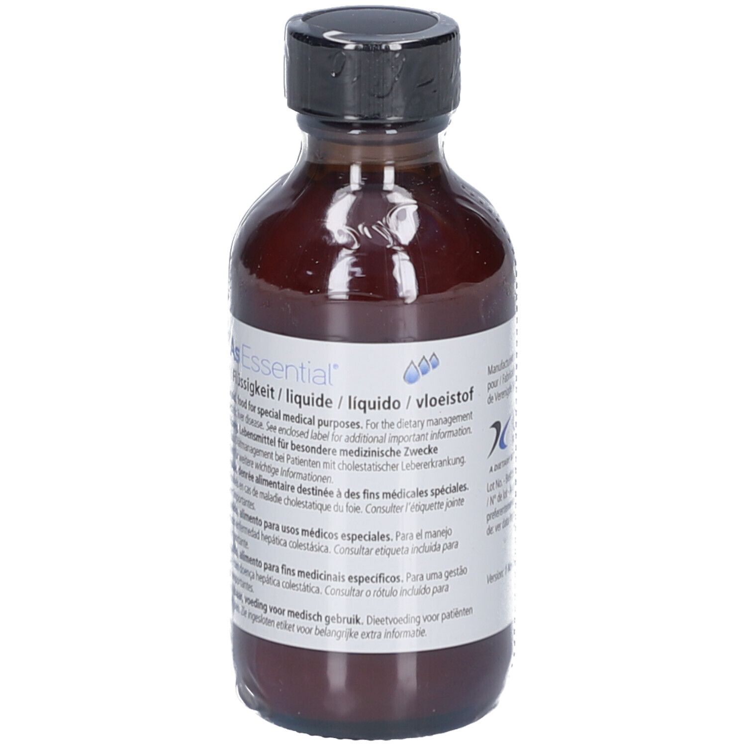 Flacon en verre brun avec bouchon noir. Étiquette avec texte. Liquide à des fins médicales.